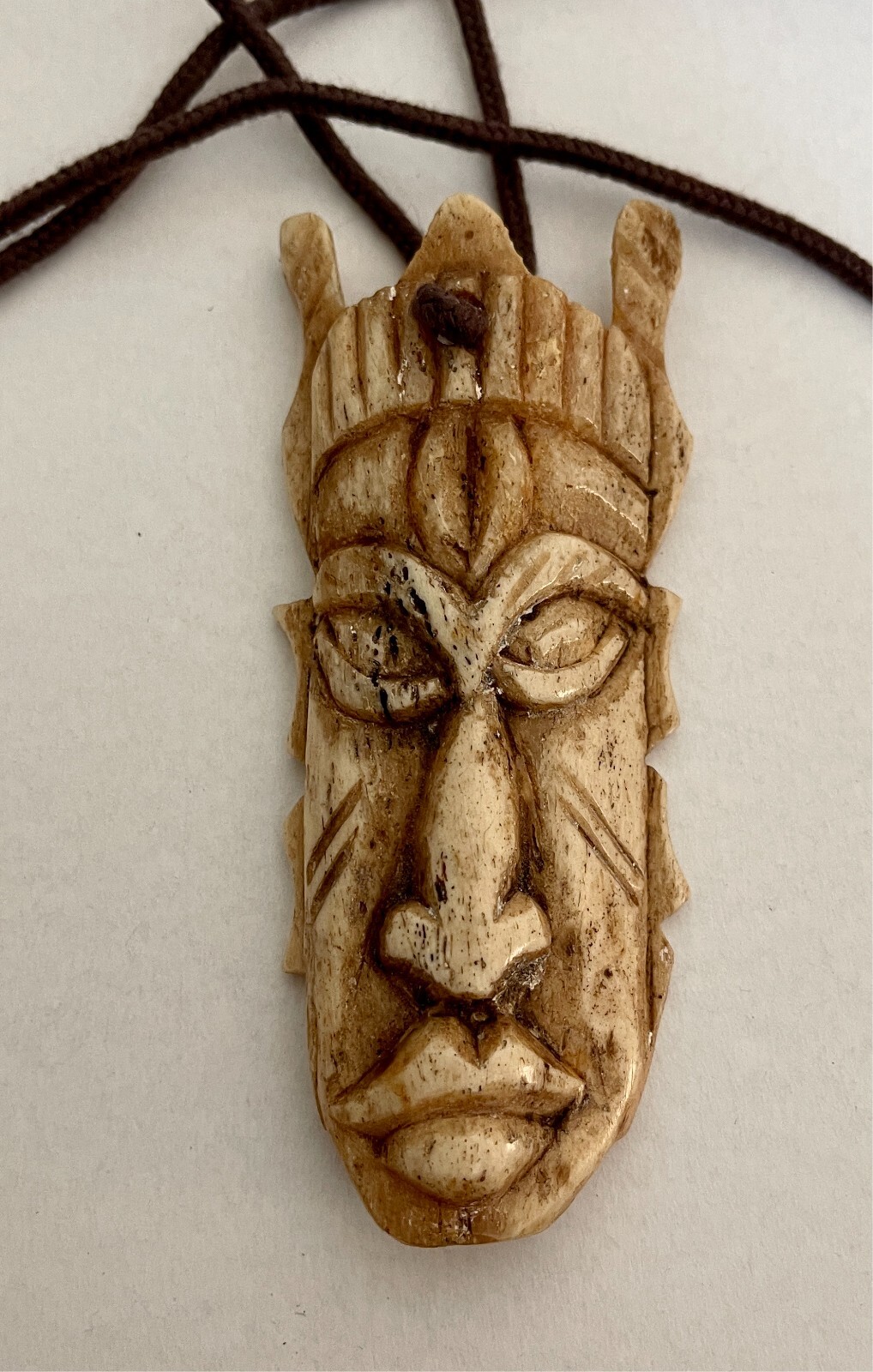 Hand-Carved Wooden Face Pendant Necklace Possibly African or Tribal Style
