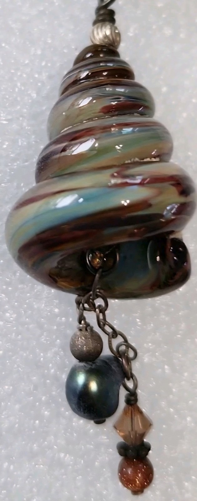 Artisan glass necklace multicolor swirl shell shape pendant gold mesh ribbon