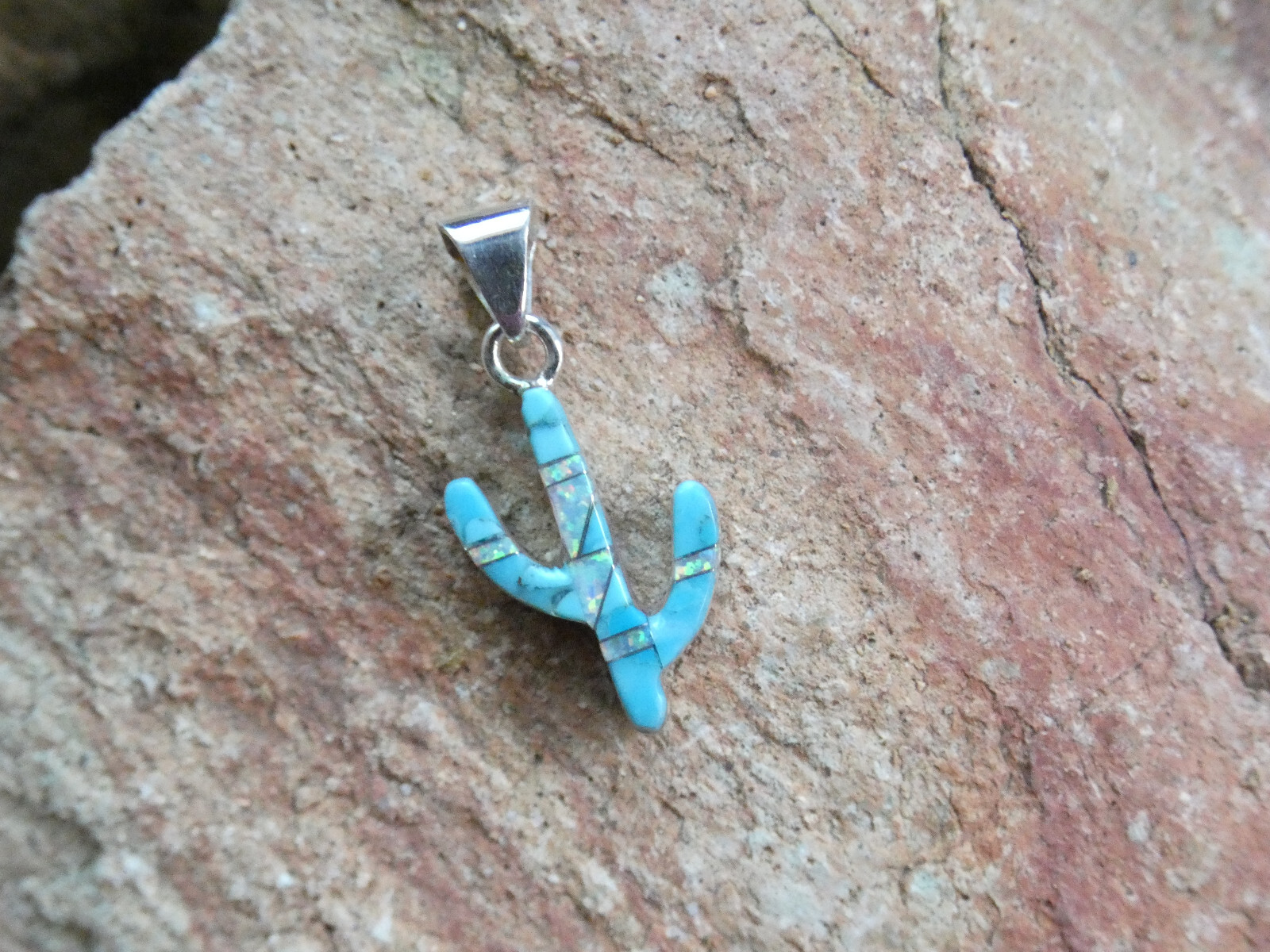 Saguaro Cactus Sterling Silver DOUBLE Sided Buffalo Turquoise Mix Pendant AL87