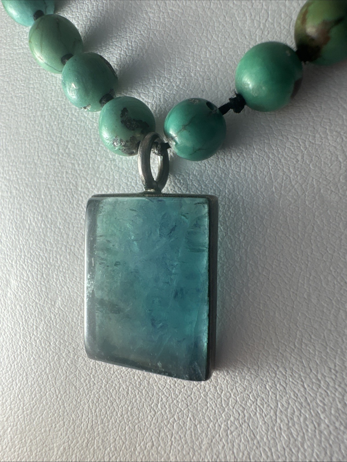 Vintage Blue Gemstone Pendant & Turquoise Beads Necklace Sterling Silver Clasp