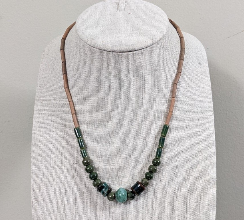 Terracotta Ceramic Green And Teal Glazed Beaded Necklace – Artisan Made – 23 in