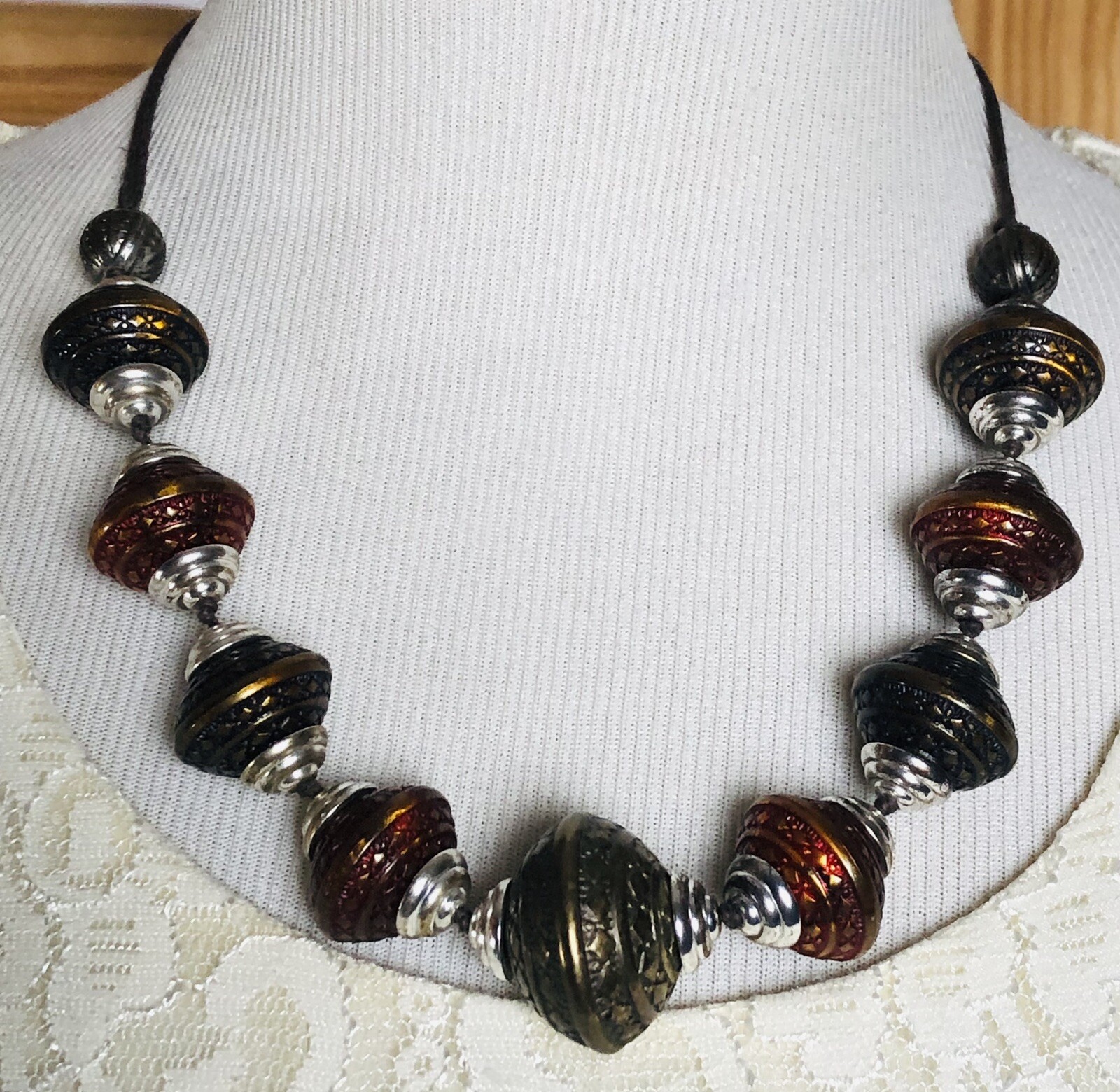 Artisan Earth Tone Statement Necklace 22” Chunky Etched Rhombus Metal Beads Boho
