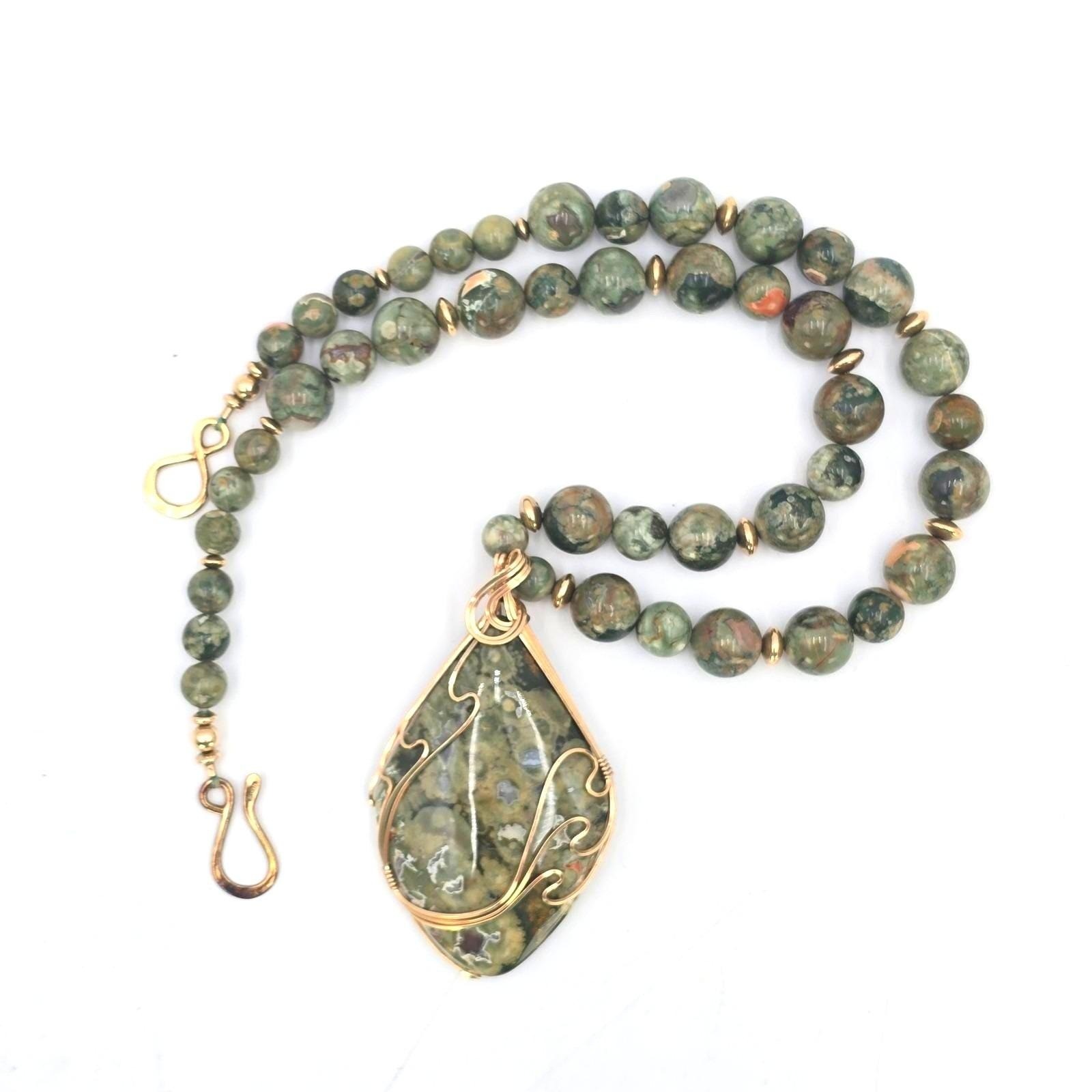 Rainforest Jasper Beaded Necklace 10K Gold Wire Wrapped Pendant Sterling Clasp