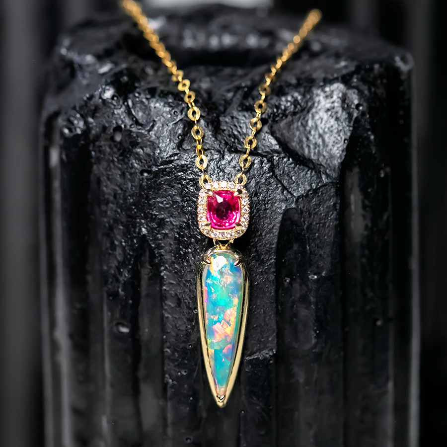 Pink Spinel & Australian Solid Opal Diamond Necklace in 14K Gold
