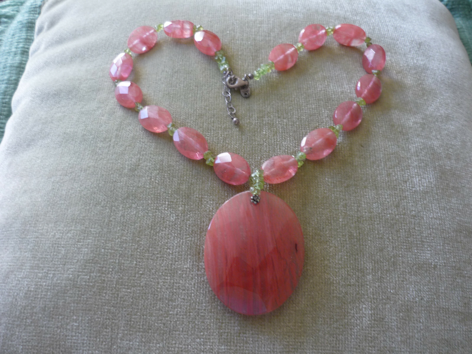 GORGEOUS WATERMELON COLORED GLASS NECKLACE, ADJUSTABLE, SIGNED SX925