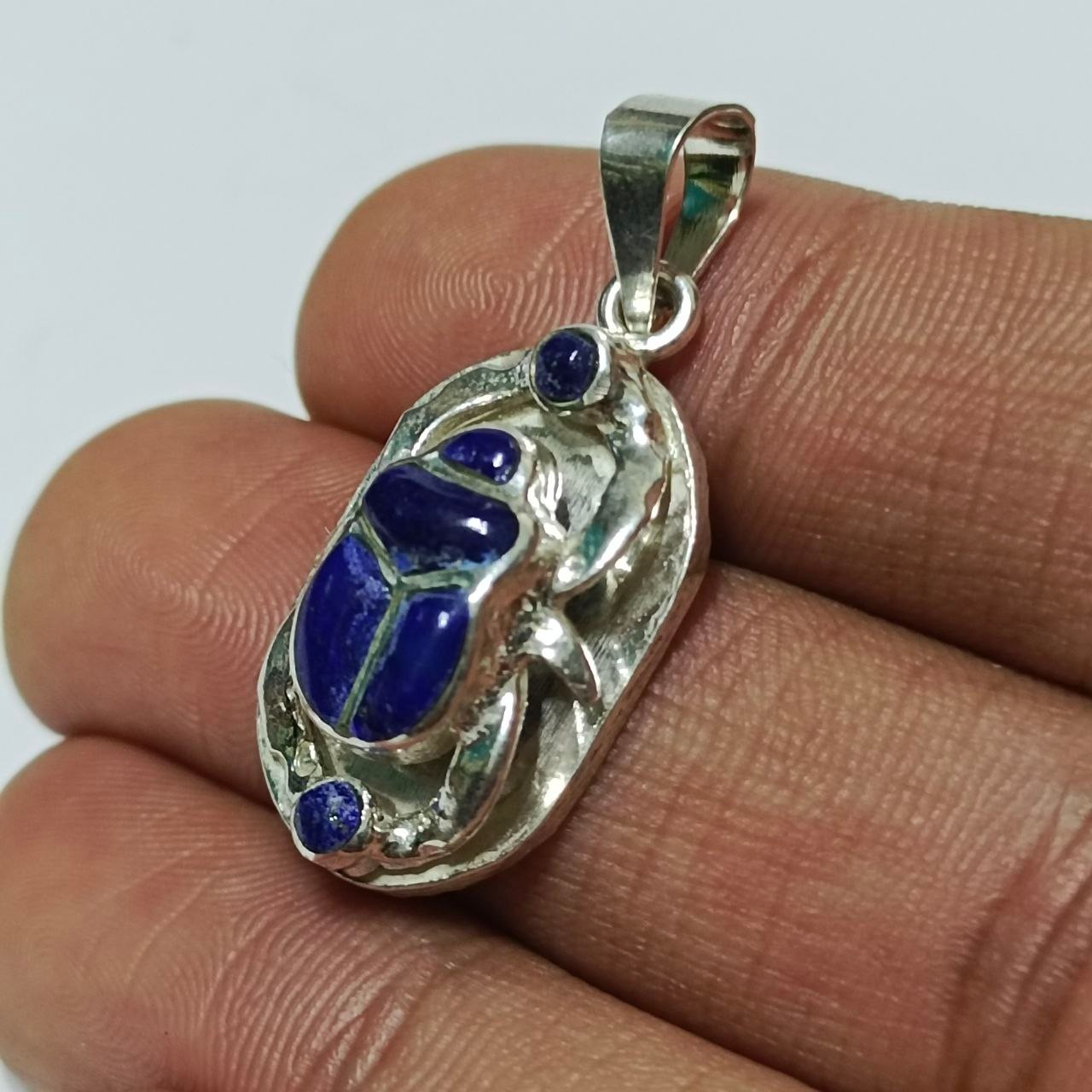 Handmade 925 silver scarab pendant with synthetic lapis lazuli, Egyptian charm