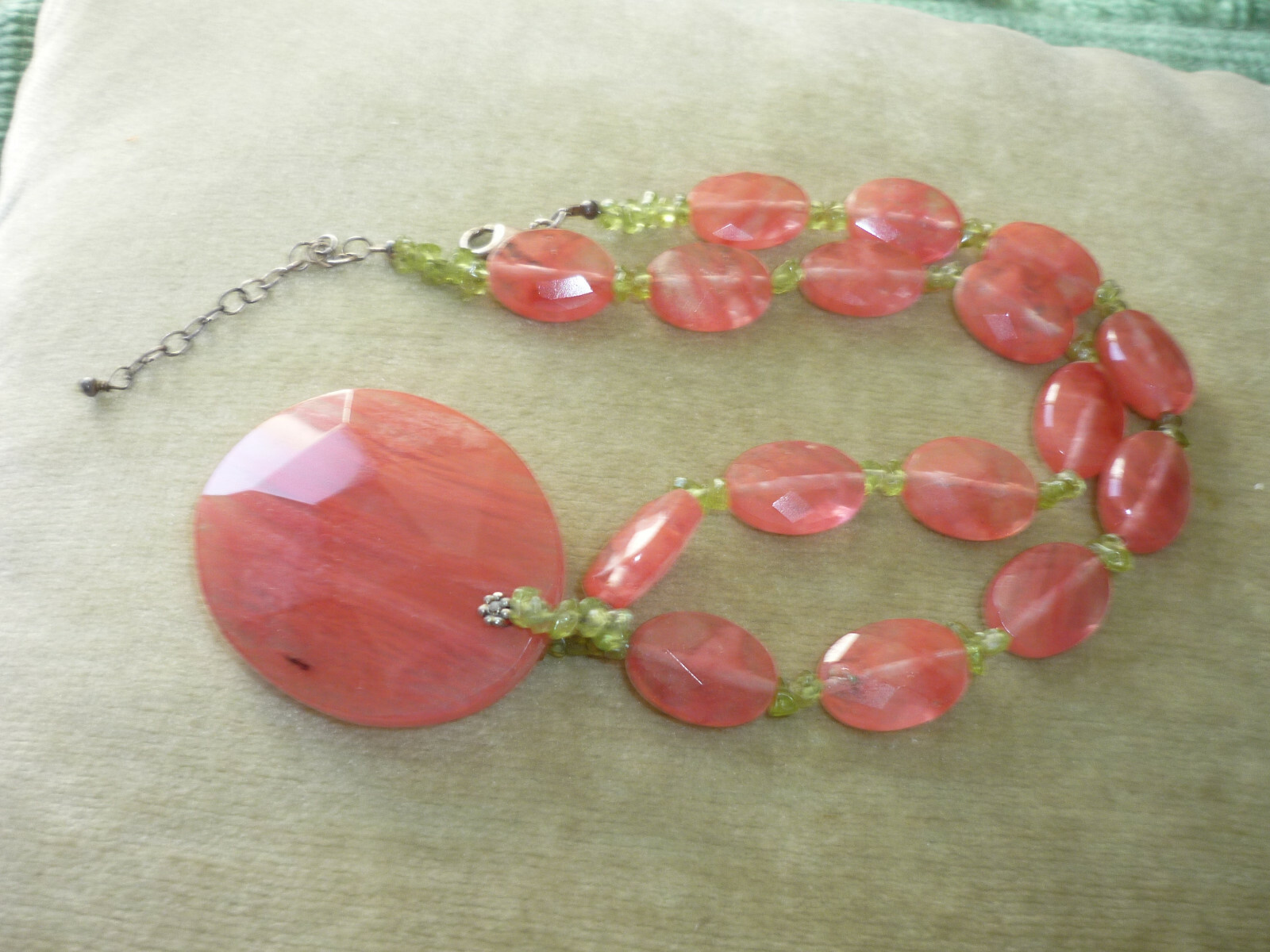 GORGEOUS WATERMELON COLORED GLASS NECKLACE, ADJUSTABLE, SIGNED SX925