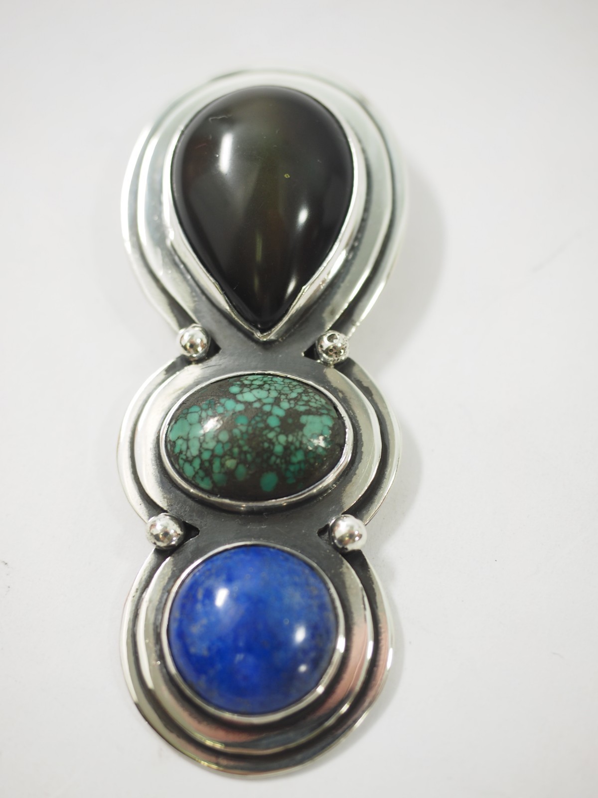 Great 3 stone Artisan Pendant Black Onyx Turquoise & Lapis Sterling Silver 3.3″
