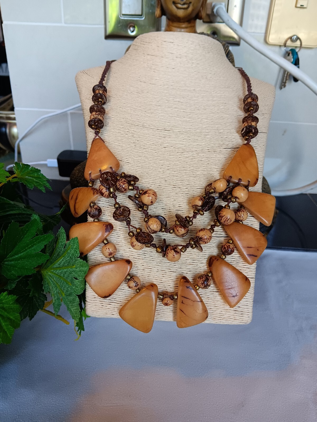 Tagua Nut Organic Necklace, BEIGE, 3 Strands, Coconut Buttons, made in Ecuador