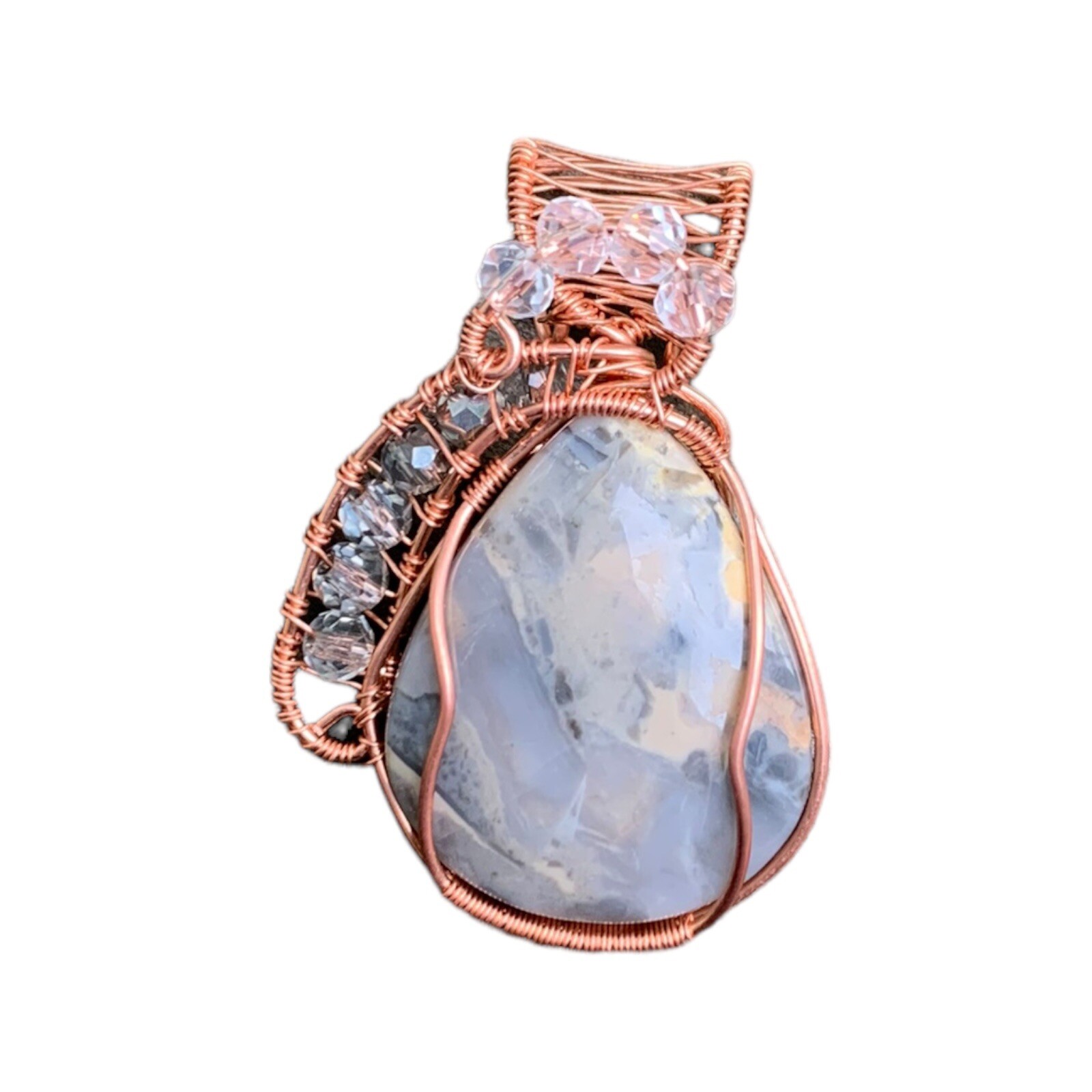 Picasso Jasper Copper Wire Wrap Pendant with Clear & Smoky Quartz Jewelry