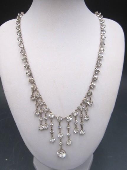 C1930s Sterling Silver & French Crystal Paste Riviere Drippy Fringe Necklace