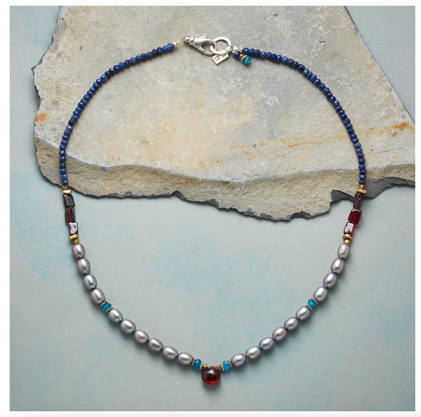 Sundance Catalog “Marguerite” Pearl Necklace Lapis Garnet Apatite Cultured Pearl
