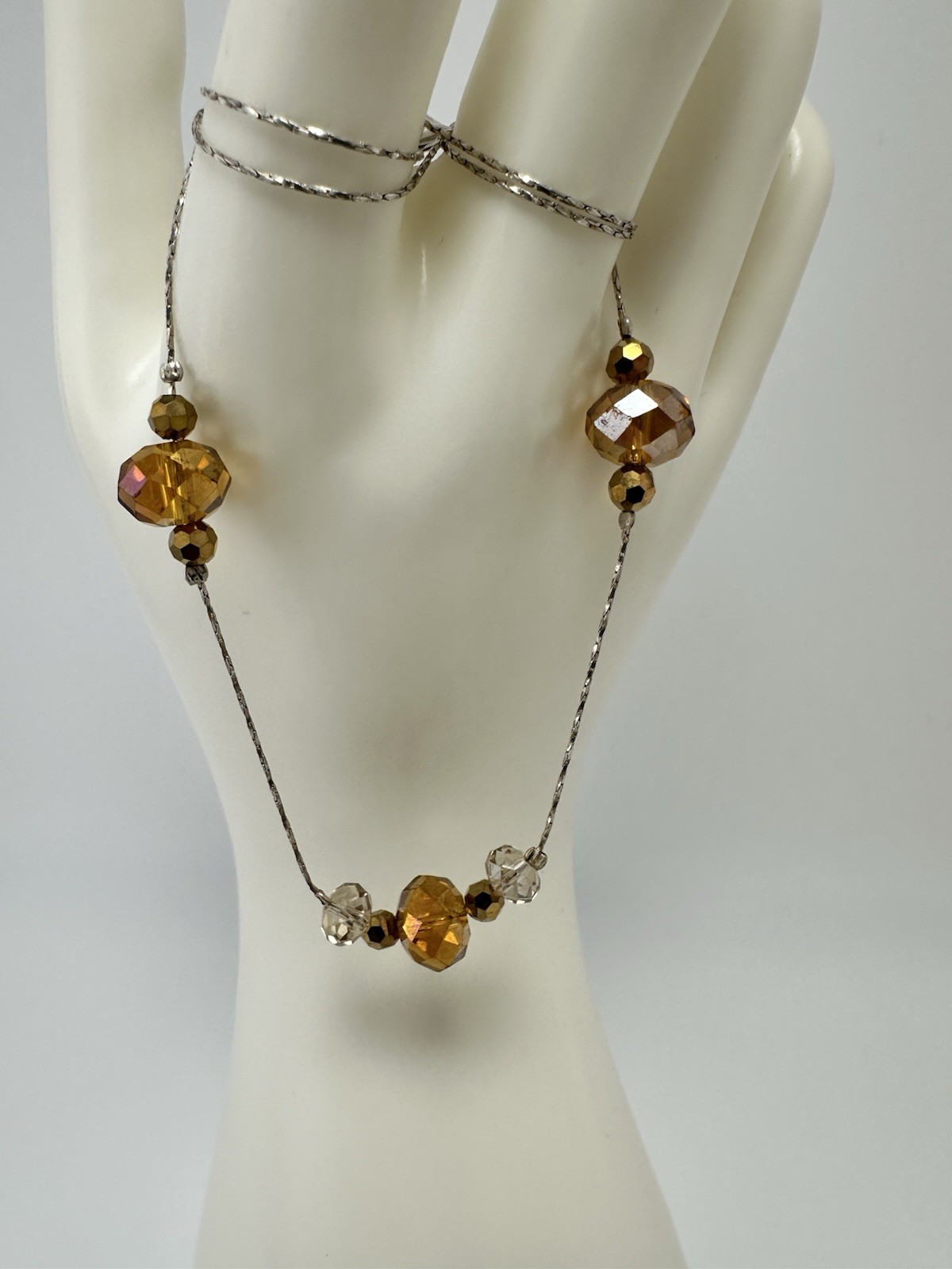 Artisan Sterling Silver Iridescent Faucet Amber Glass Floating Bead Necklace 18”