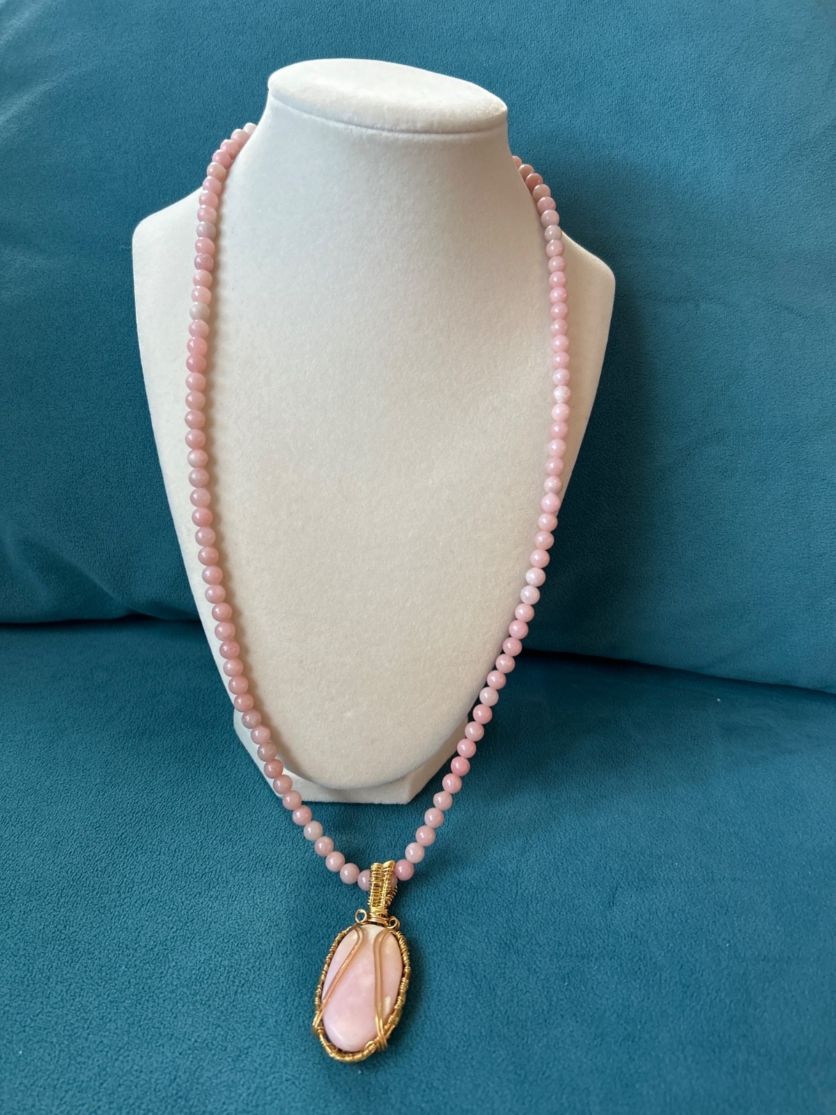 Handcrafted Genuine Pink Opal Bead Necklace With Pendant