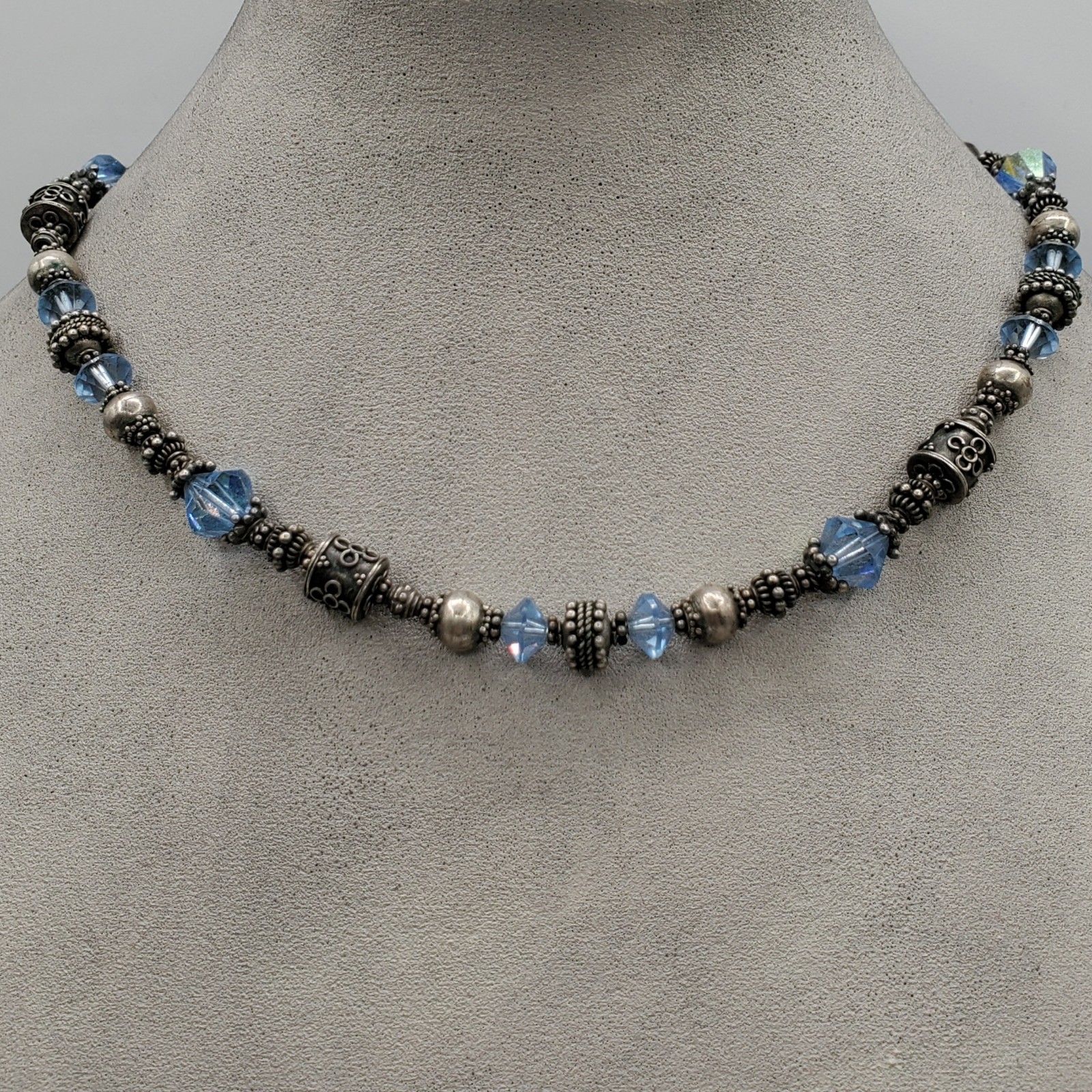 Blue Glass Beads & Tibetan Antique Silver Tone Necklace. With 2″ Extender