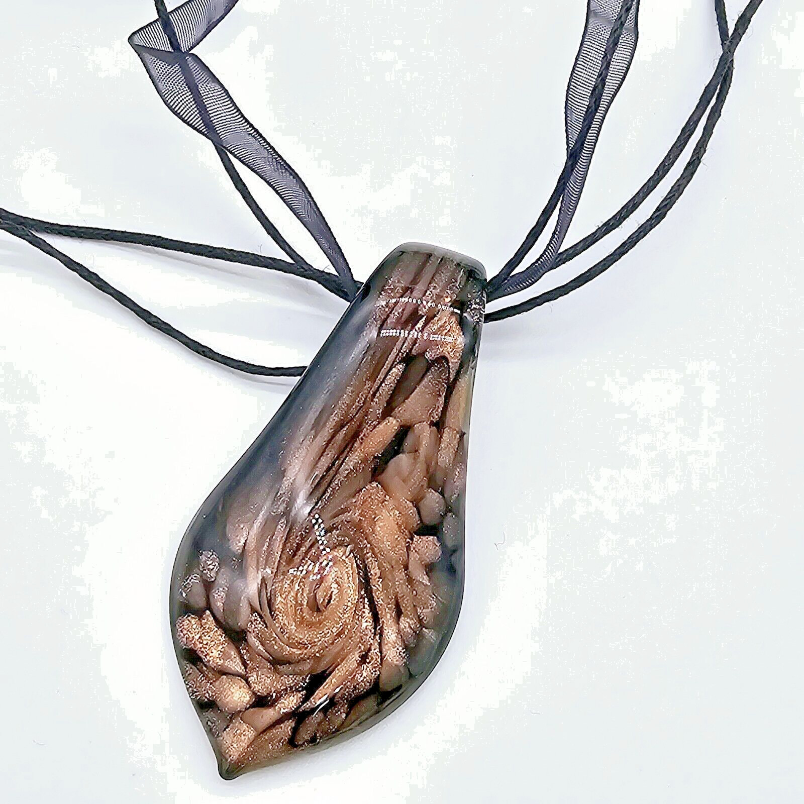 Copper Lampwork Necklace Art Glass Swirl Tear Drop Pendant Black Ribbon Chain
