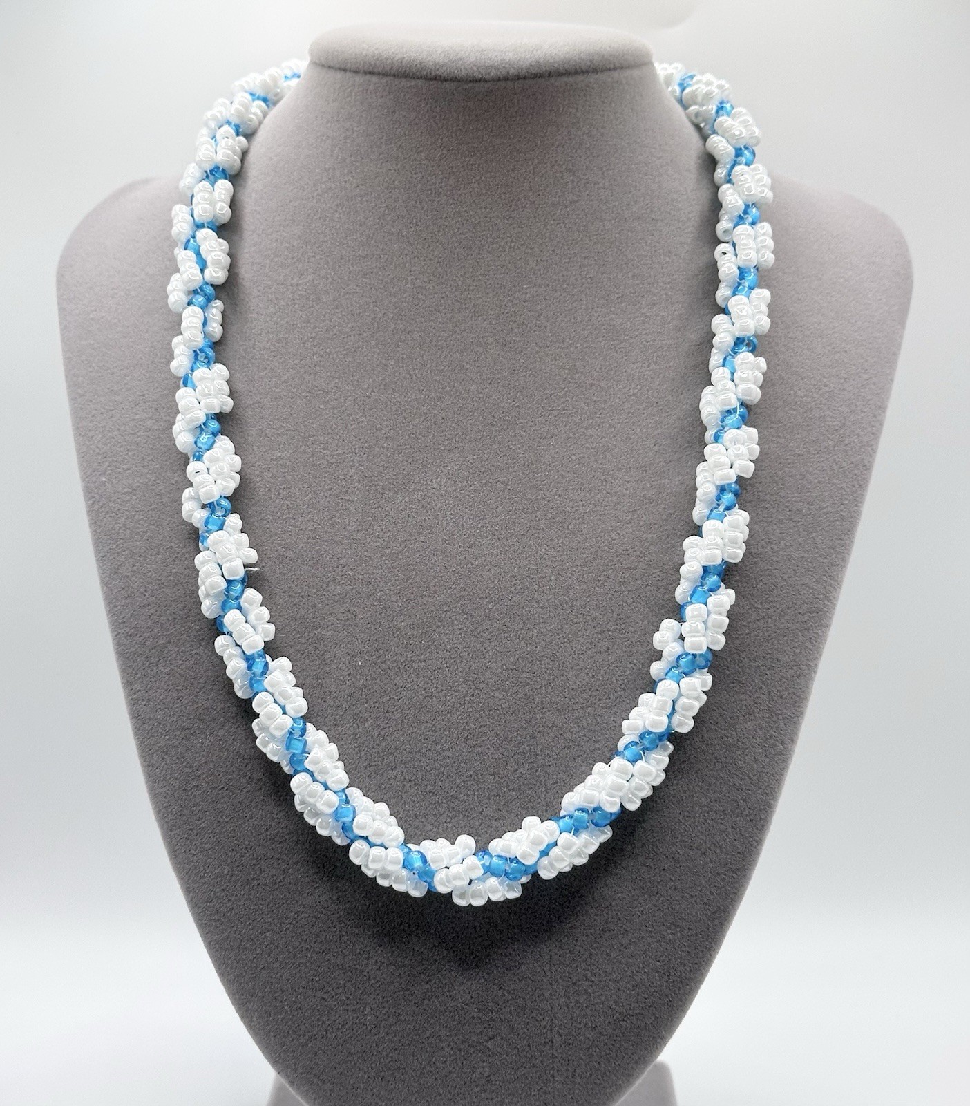 Handmade Crocheted Blue White Glass Seed Bead Necklace Heart Clasp 21”