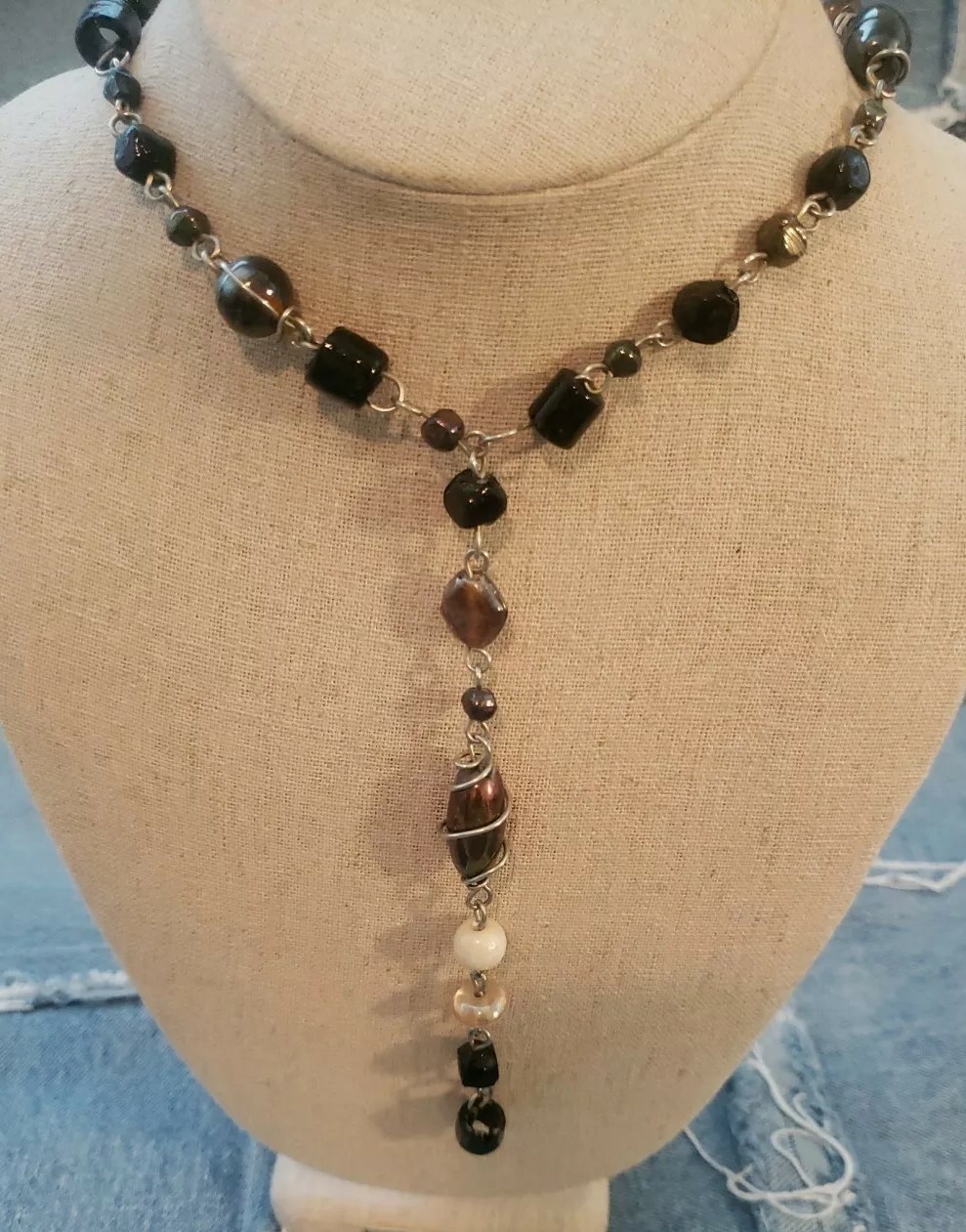 Ladies necklace wire wrapped Glass bead 27 inch Tassel Multi Color Shaped beads