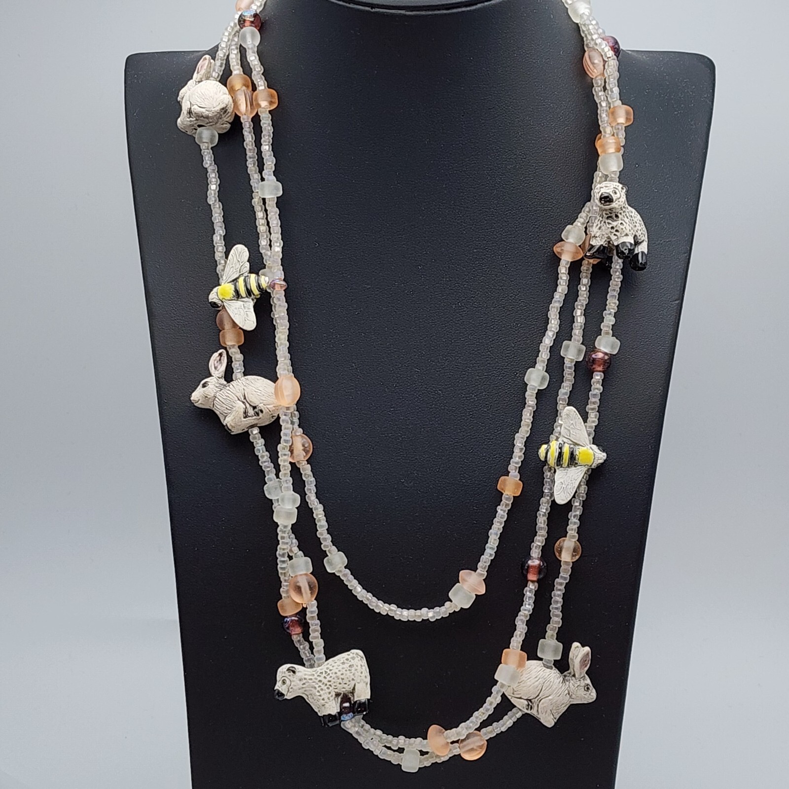 Vtg Peruvian Ceramic Rabbits Bees Sheep Animal Glass Bead Necklace Sterling 925
