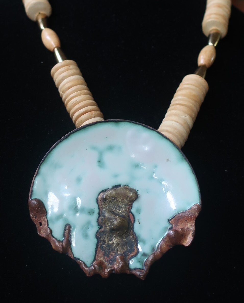 BRUTALIST Enamel on Copper Brooch/Necklace Heavy Gold Plate ANITA SILVERSTEIN