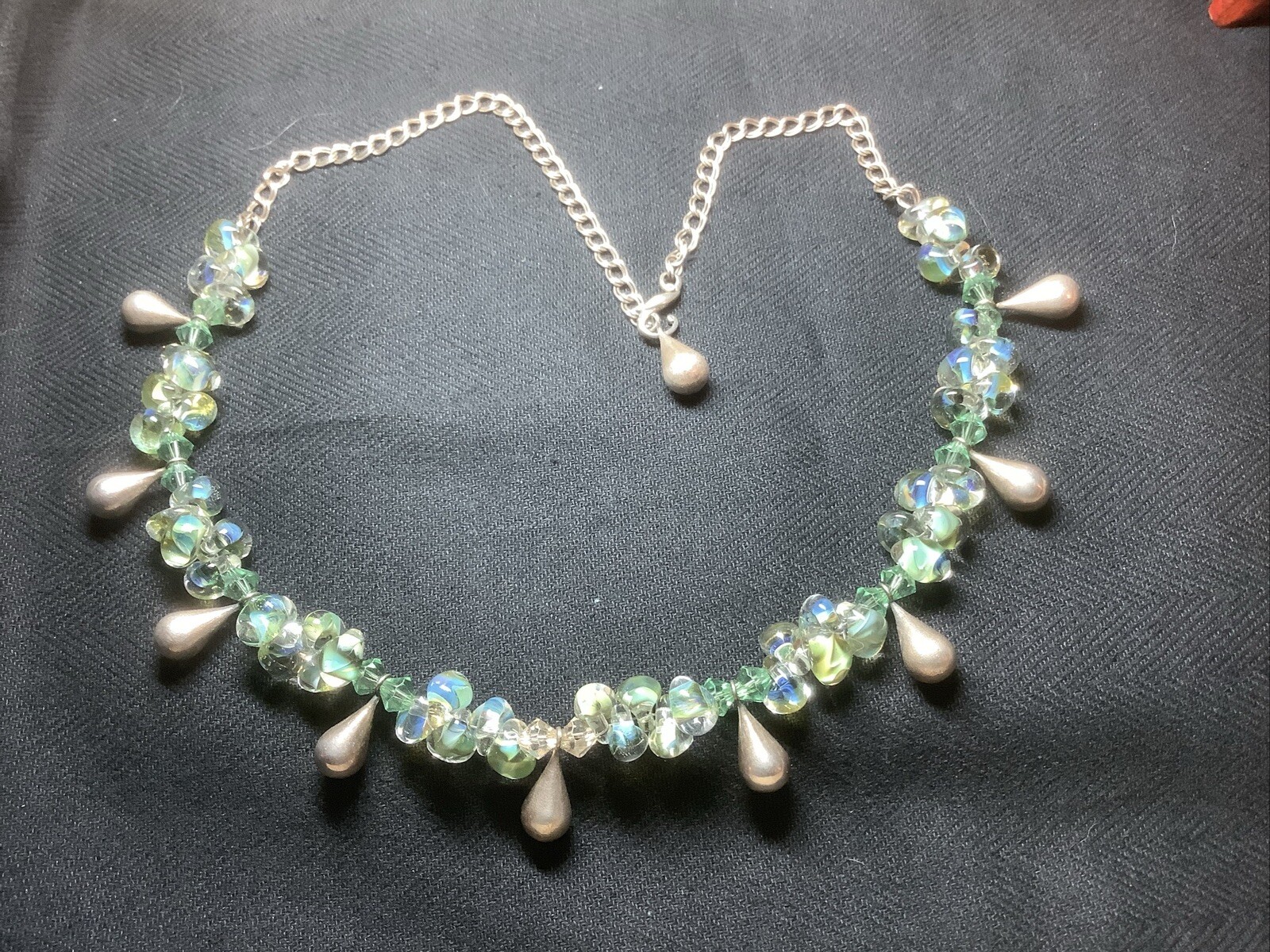 Sterling Silver Teardrops, Crystal &Cats Eye Glass Beads Artisan Collar Necklace