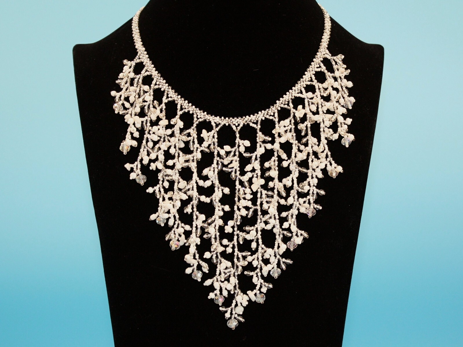 Hand Beaded Necklace with White Cascading Crystals and Natural Stones