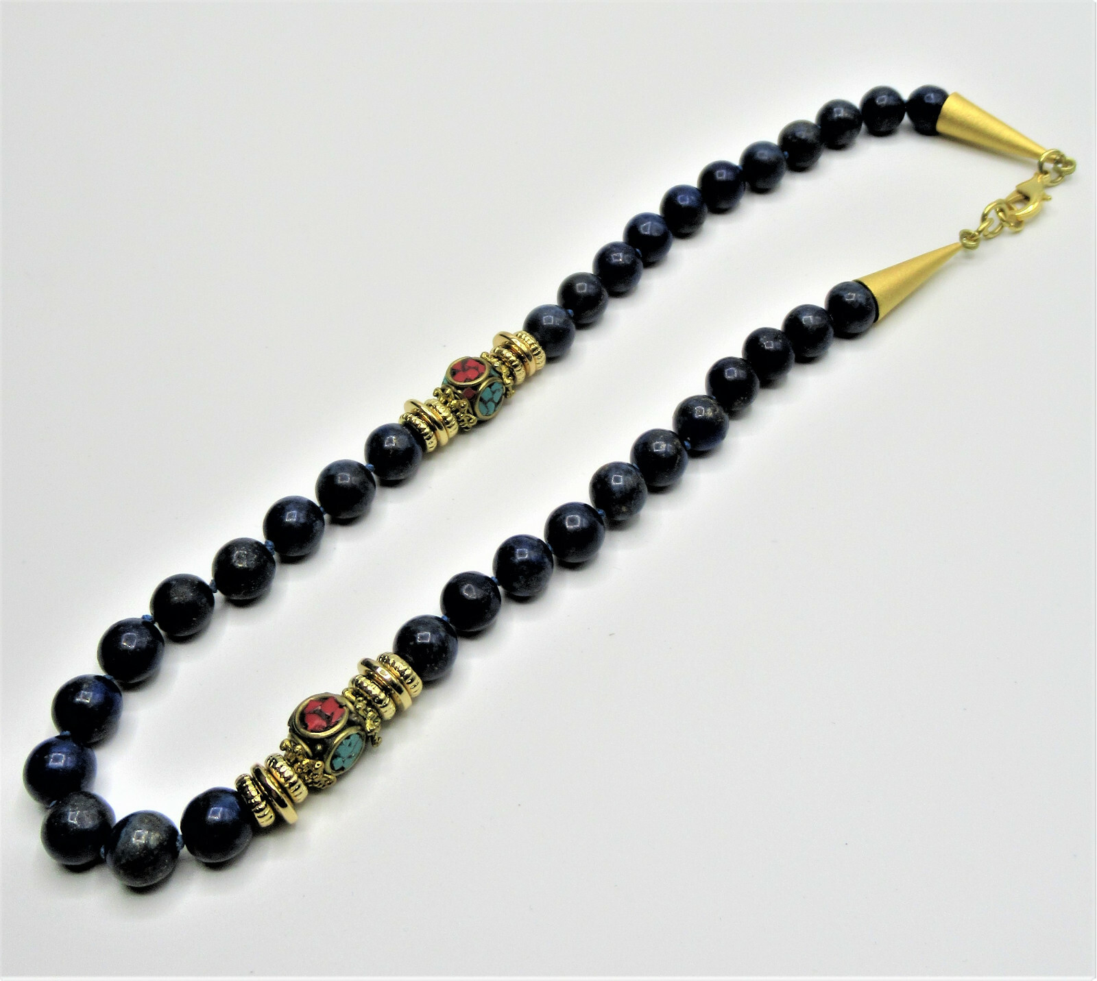 Lapis Bead Necklace Accents of Gold Metal, Turquoise and Coral
