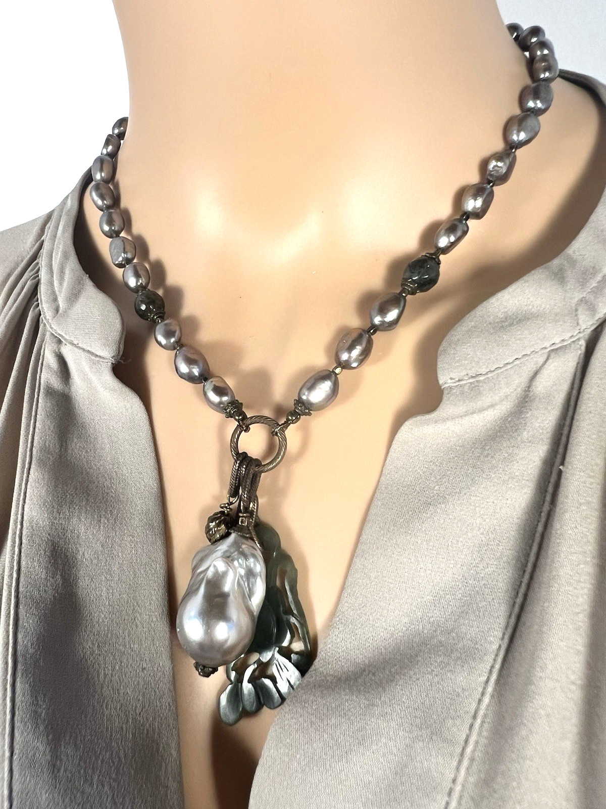 Artisan Womens Charm Necklace Baroque Gray Pearl & Vintage Carved Jade Pendant
