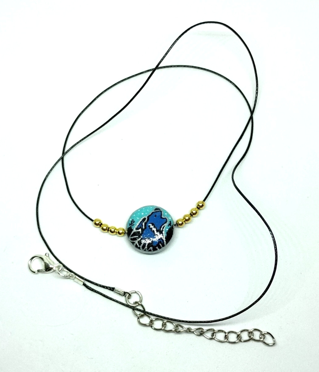 Necklace – Lone Wolf – Painted Round Stone Both Sides. With Gold Plated Beads.