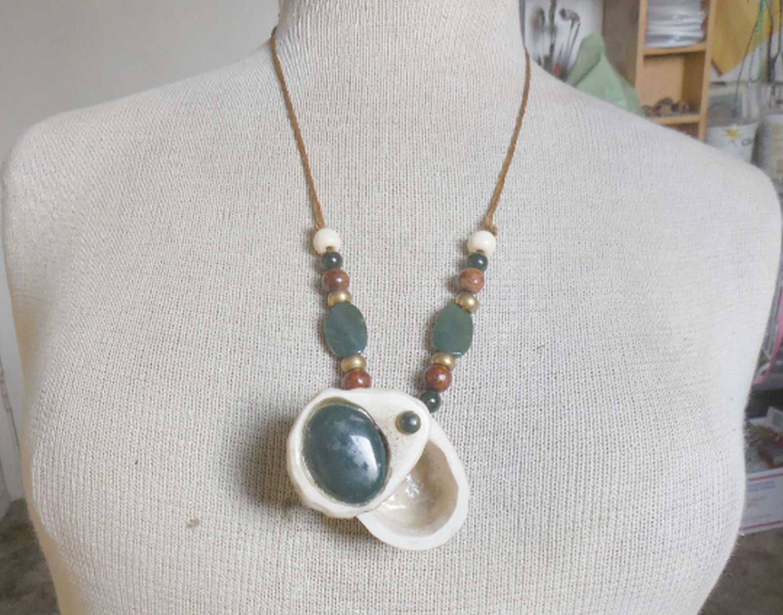 Elk Antler Secret Stash Pill Box Necklace with Bloodstone Inlay & Gemstone Beads