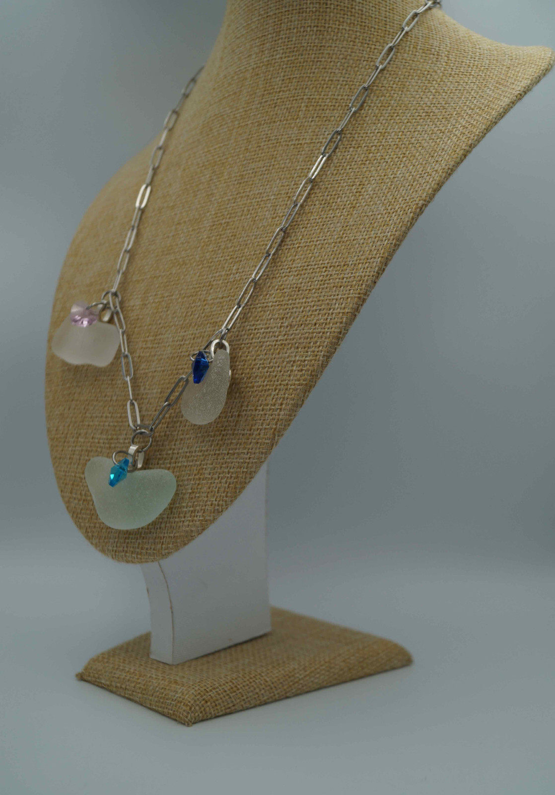 Three Sea Glass Pieces & Heart Charms on Paperclip Stainless Steel Chain (P#136)