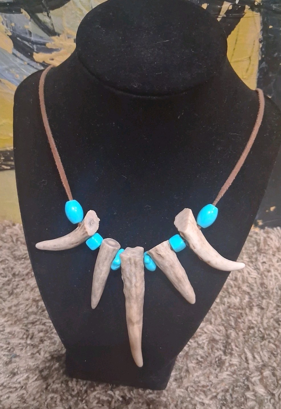 Hand Made 5 Deer Antler Tip 22″ Leather Cord Necklace w/ Turquoise Stone & Beads