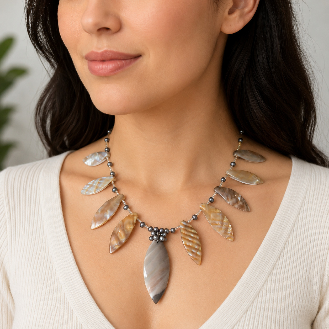 Mother of Pearl Statement Necklace, Shell Bib Collar, Mocha Agate Pendant