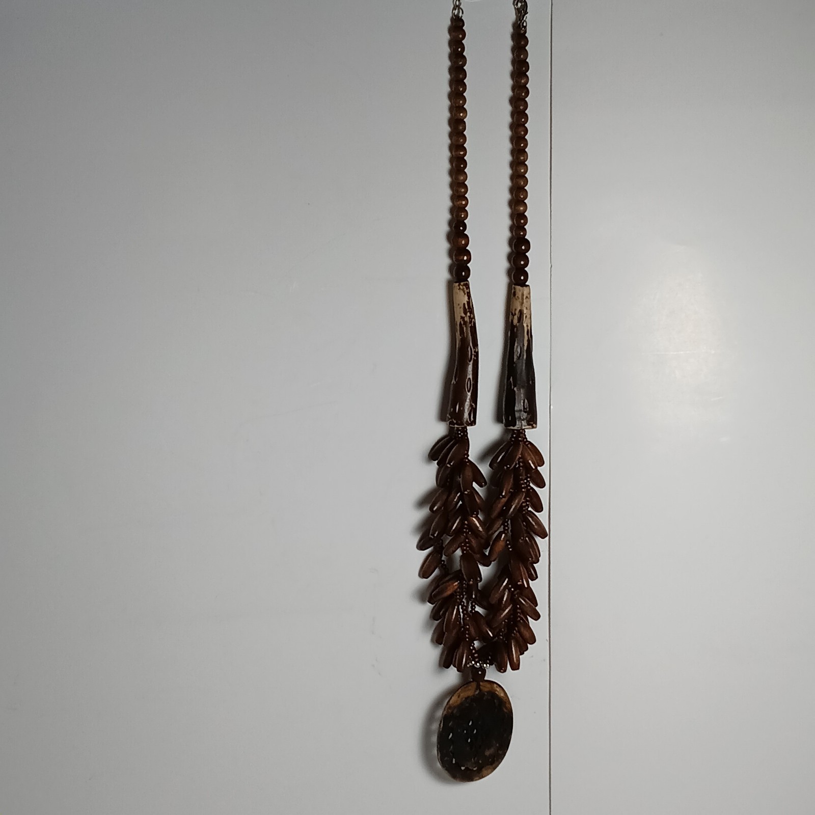 Tribal Boho Necklace Wooden Seed Beads and Carved Faux Antler Bone with Pendant