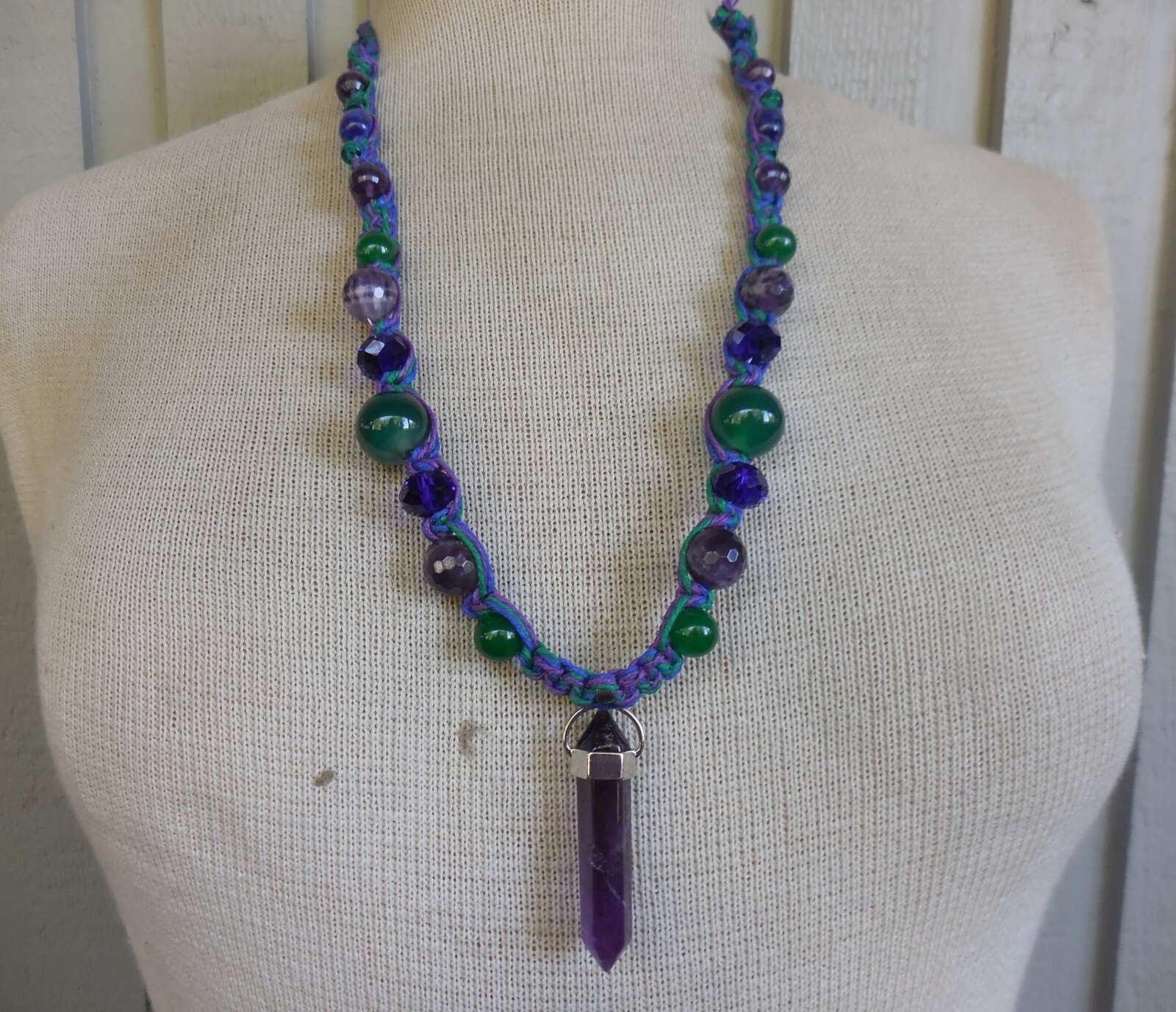 Amethyst Double Terminated Adjustable Hemp Necklace w/ Green Onyx Lapis Lazuli