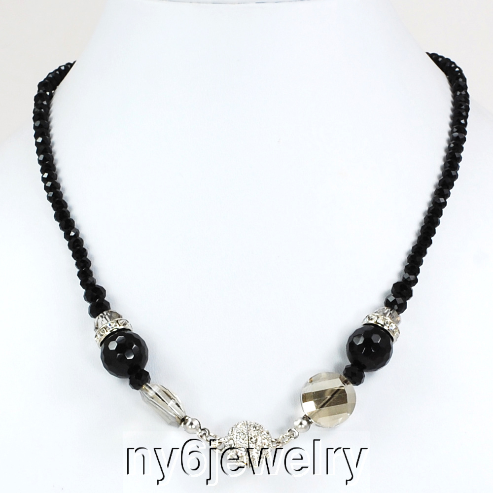 Simply Elegant Single Strand Black & Smoky Crystal Necklace w/Magnetic Clasp 17″