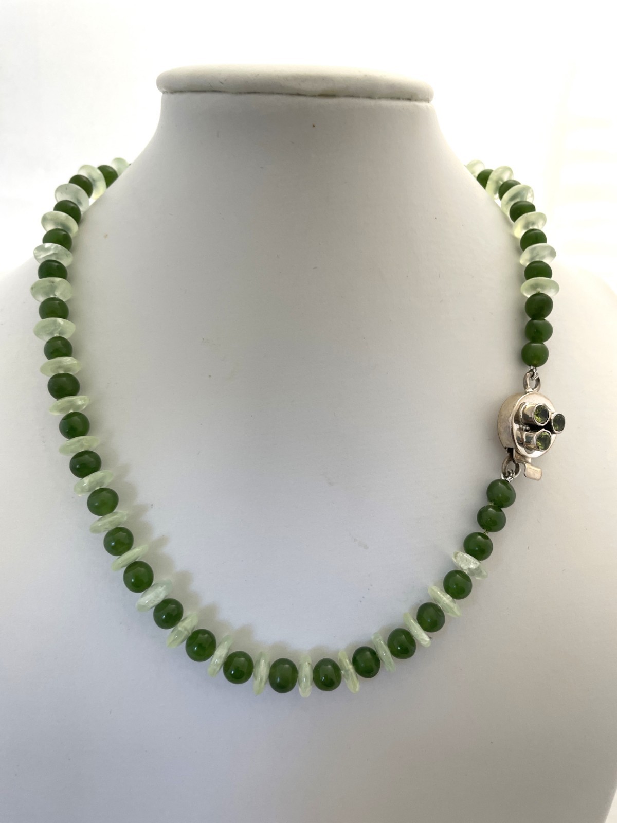Jade Dark Green and Green Prehnite Bead Necklace Sterling Clasp Faceted Peridot