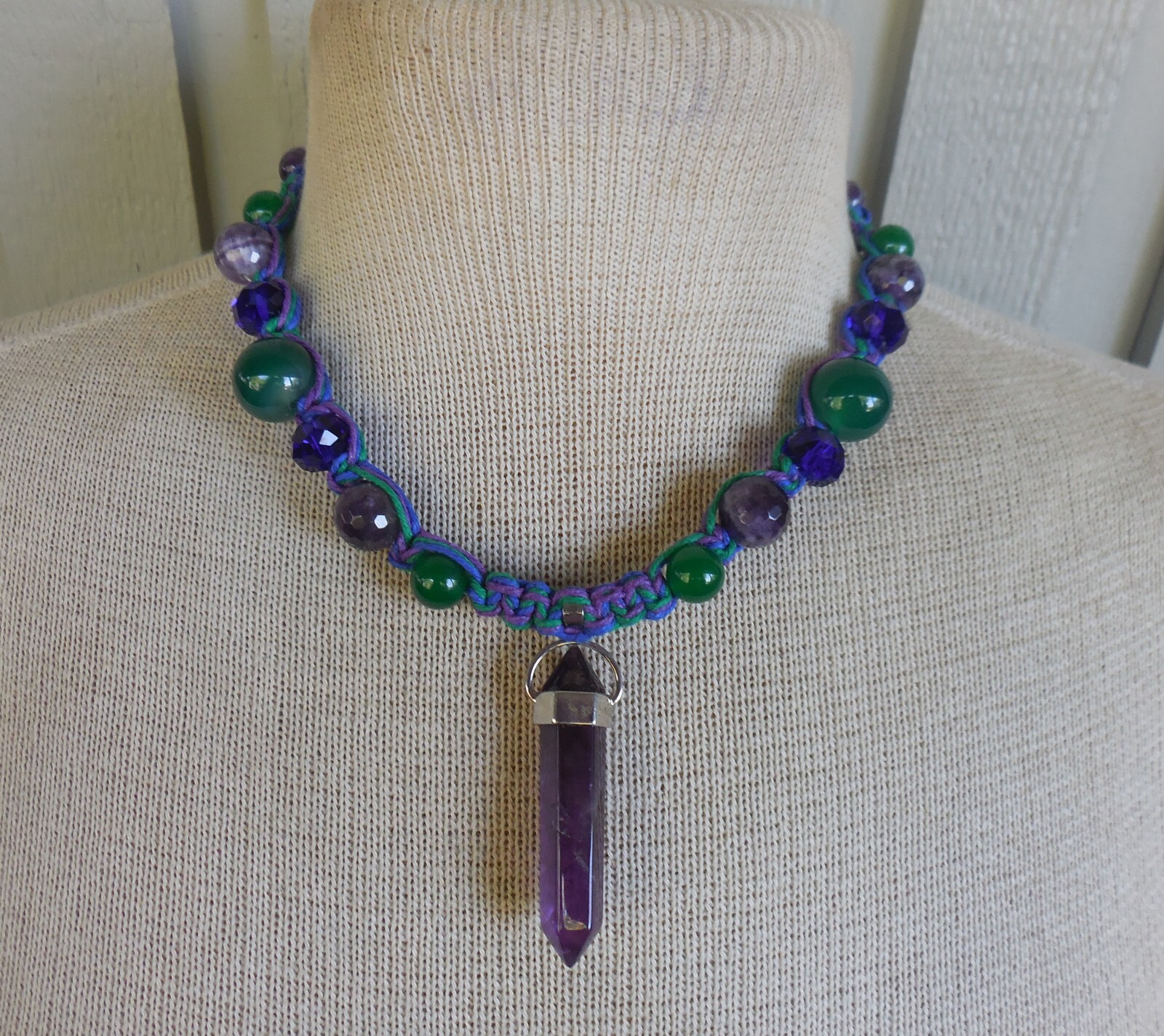 Amethyst Double Terminated Adjustable Hemp Necklace w/ Green Onyx Lapis Lazuli