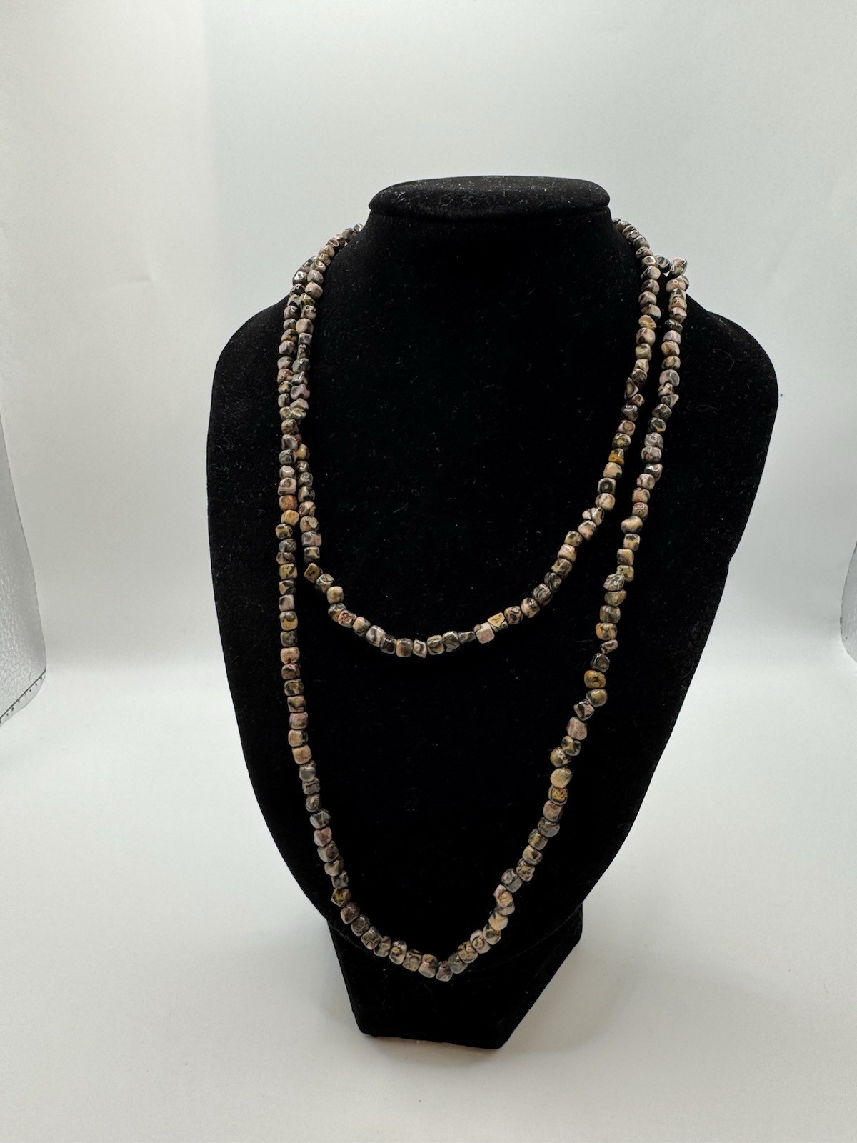 Leopard Skin Jasper Long Beaded Necklace 34” Length 3mm Polished Beads No Clasp
