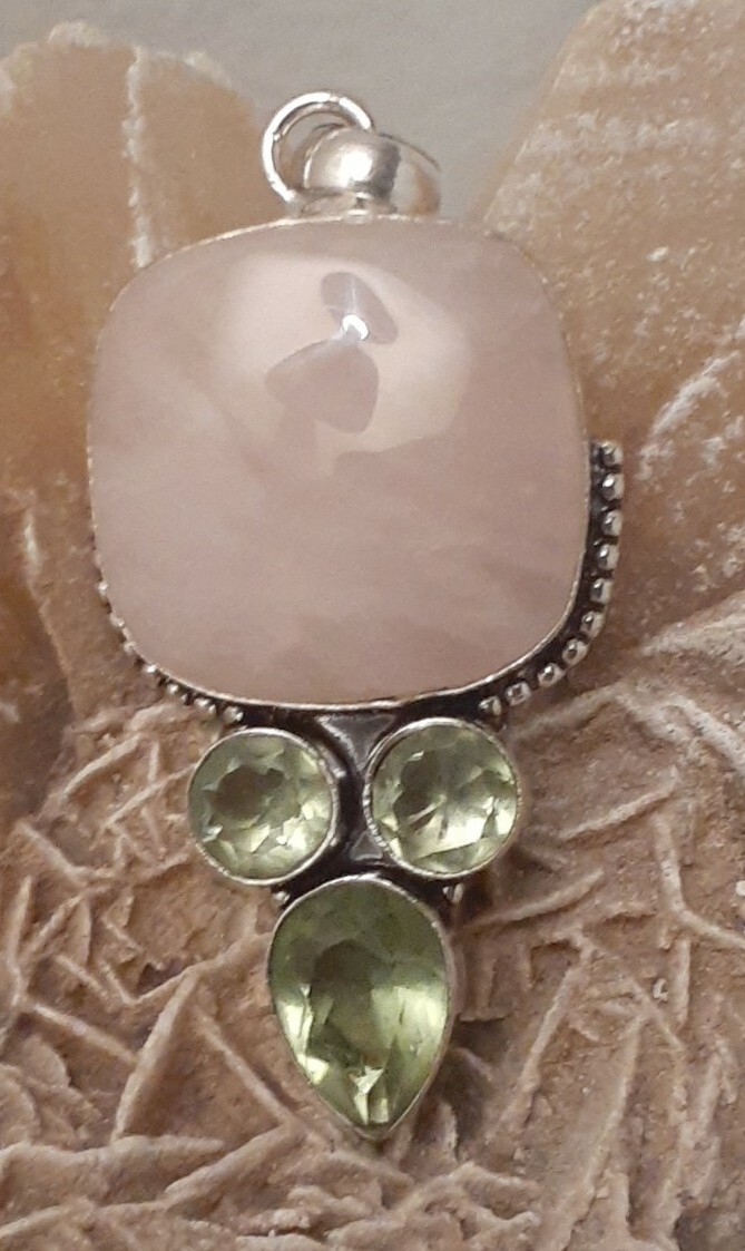Artisan Silver Rose Quartz Gemstone Green Colored Glass Pendant