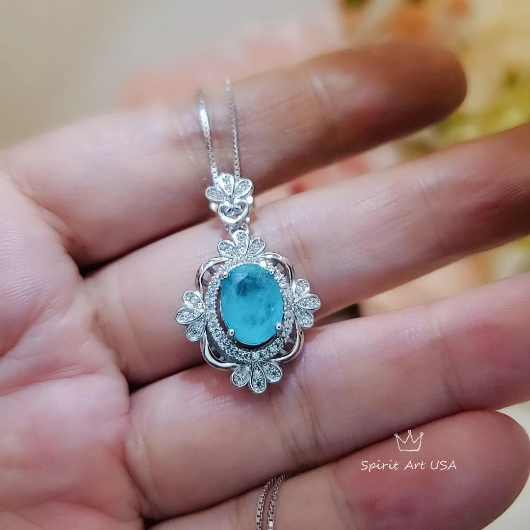 Paraiba Tourmaline Necklace – 18KGP @ Sterling Silver – Royal Flower Blue