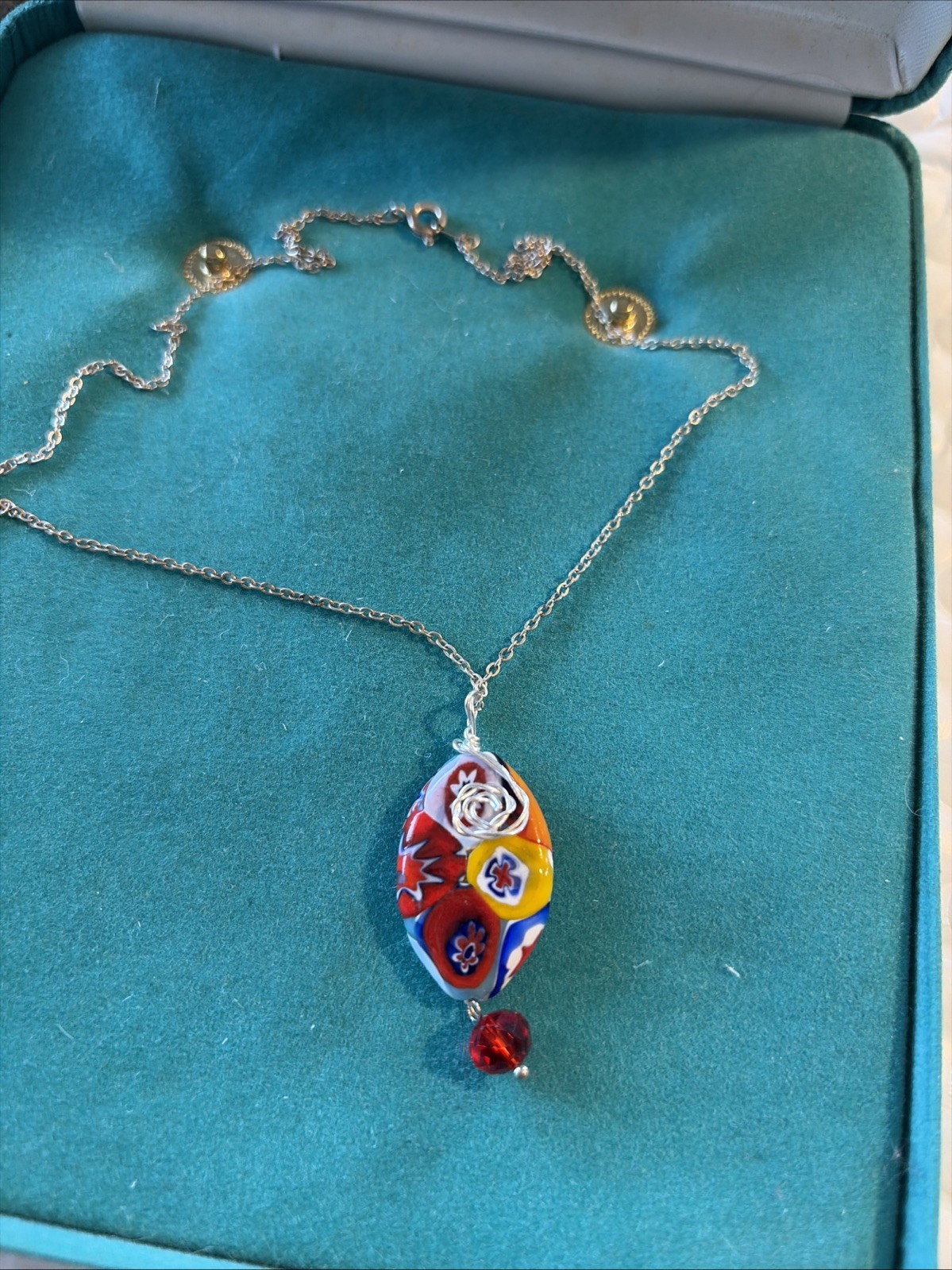 Handcrafted Wire Wrapped Venetian Glass Oval Pendant Necklace for Women 18in