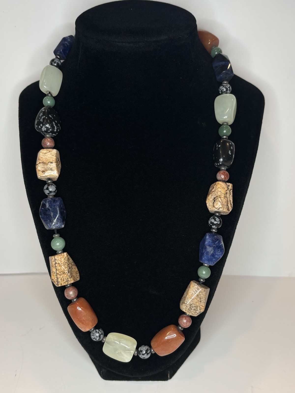 25” Natural Mixed Gemstone Beaded Necklace Sodalite Jasper Statement OOAK