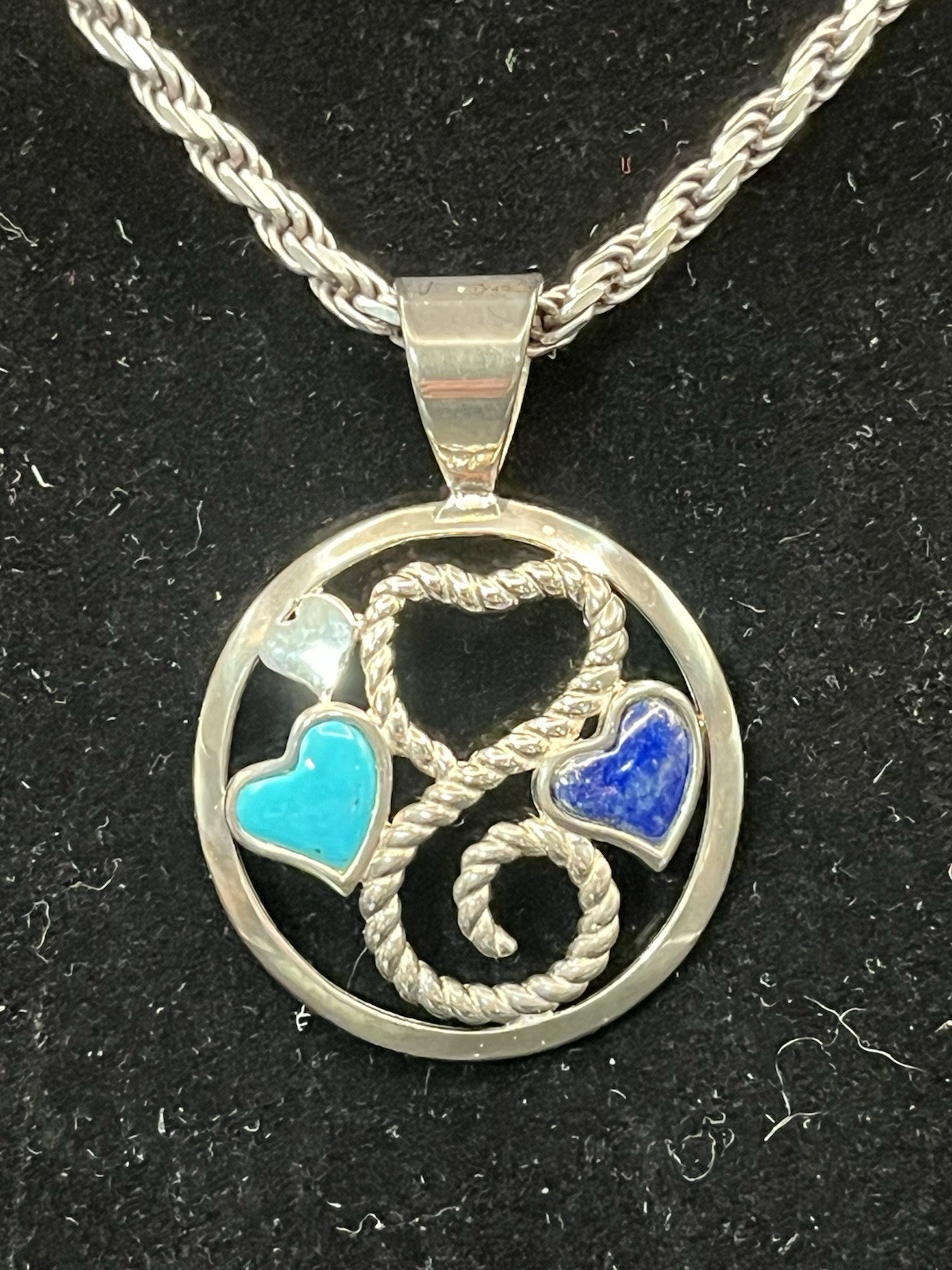 Vintage MCM Sterling Silver Pendant With Lapis Lazuli And Turquoise Gemstones