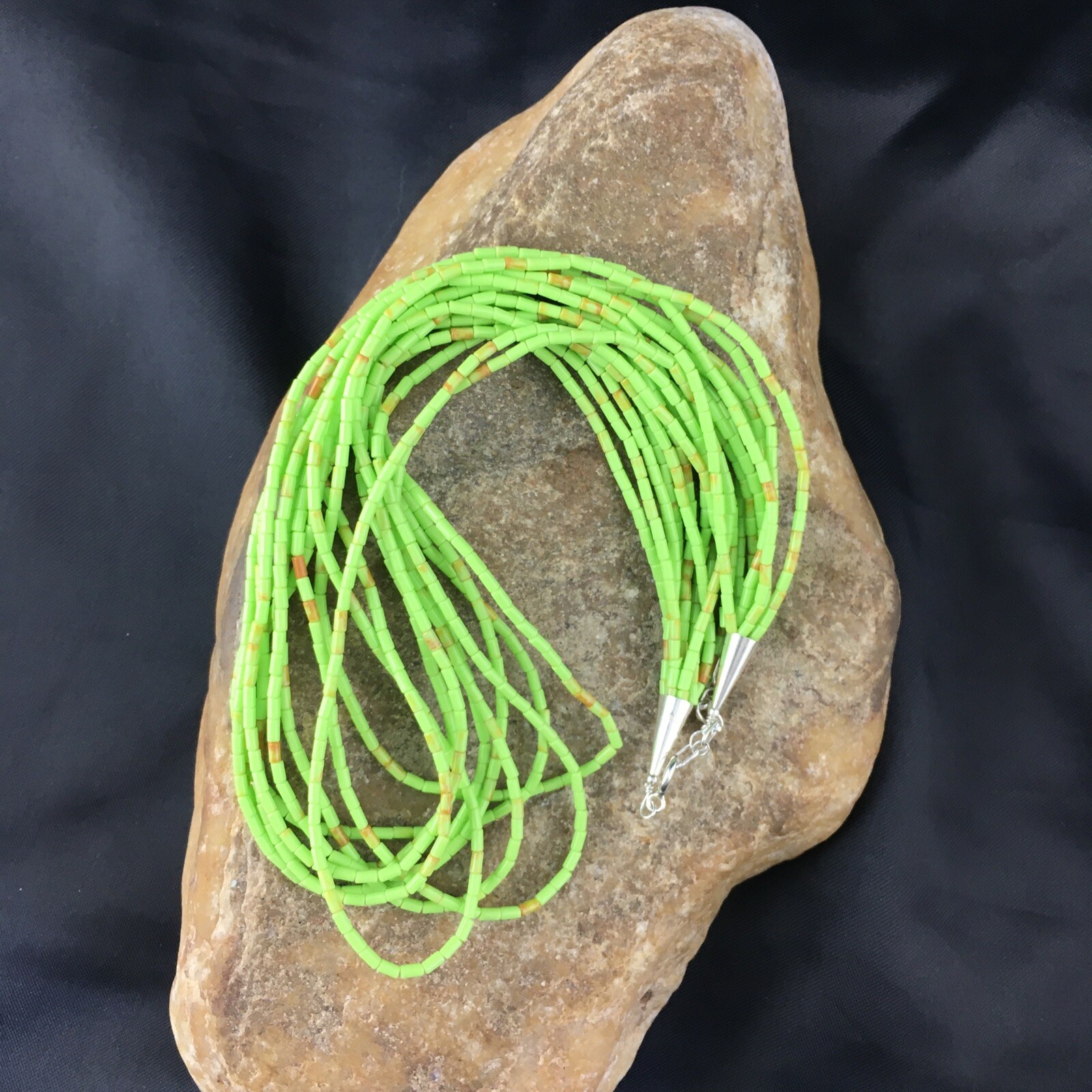 Green Gaspeite Heishi 10 Strands Southwestern Sterling Silver Necklace 17” 10256