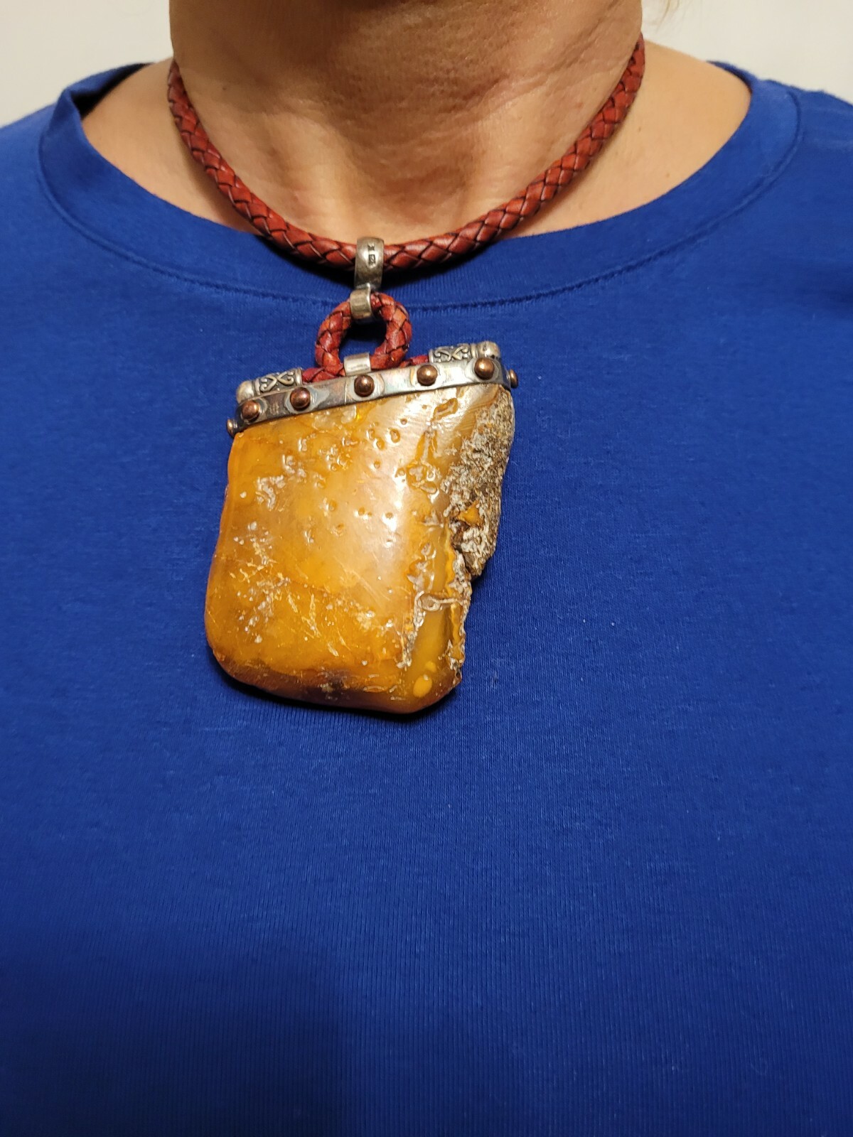  NECKLACE pendant natural baltic amber silver 925  leather strap clasp 18in.84g