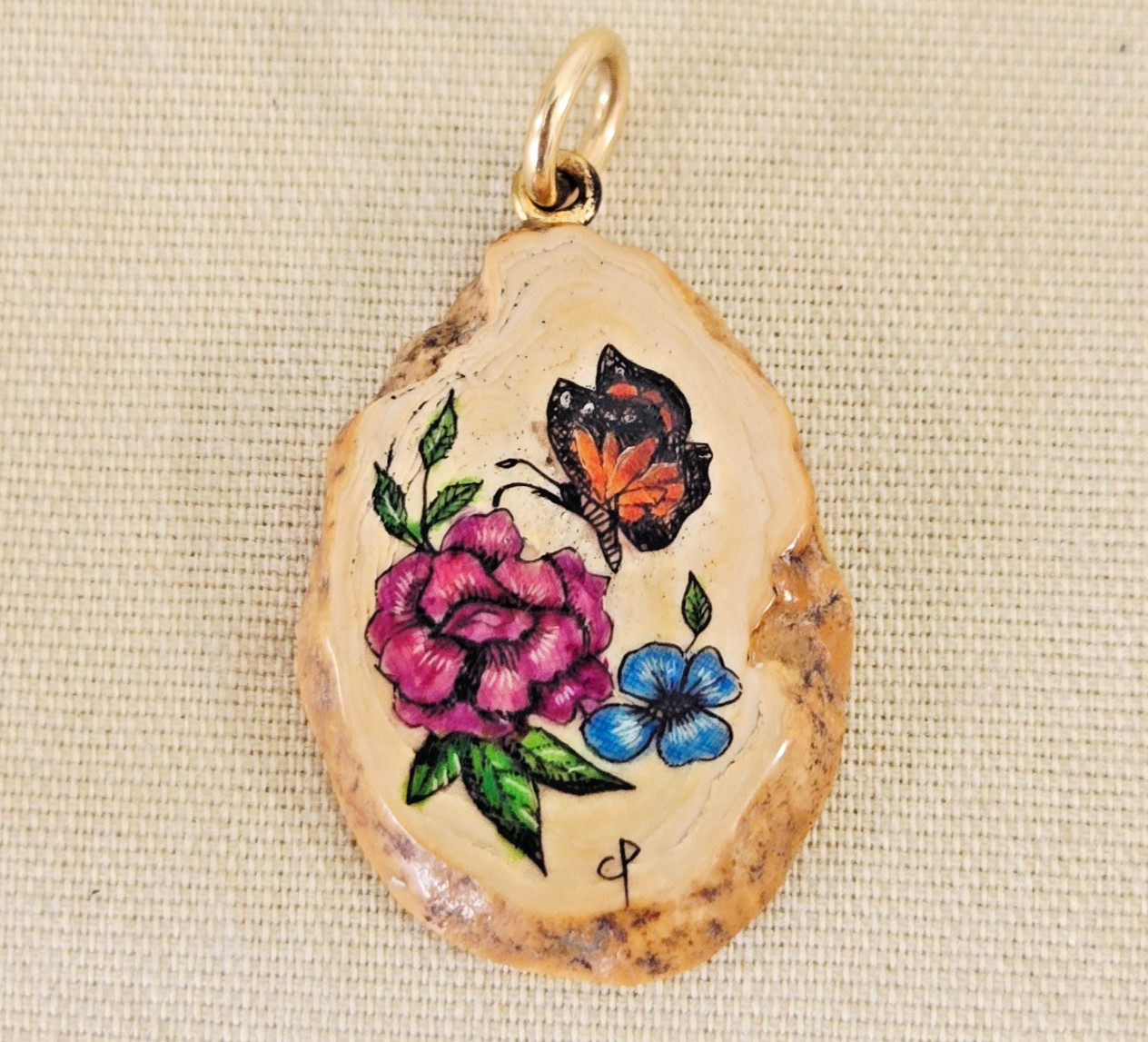 Hand Painted Butterfly and Flowers on Sliced Stone Pendant Signed by CP 23x17mm