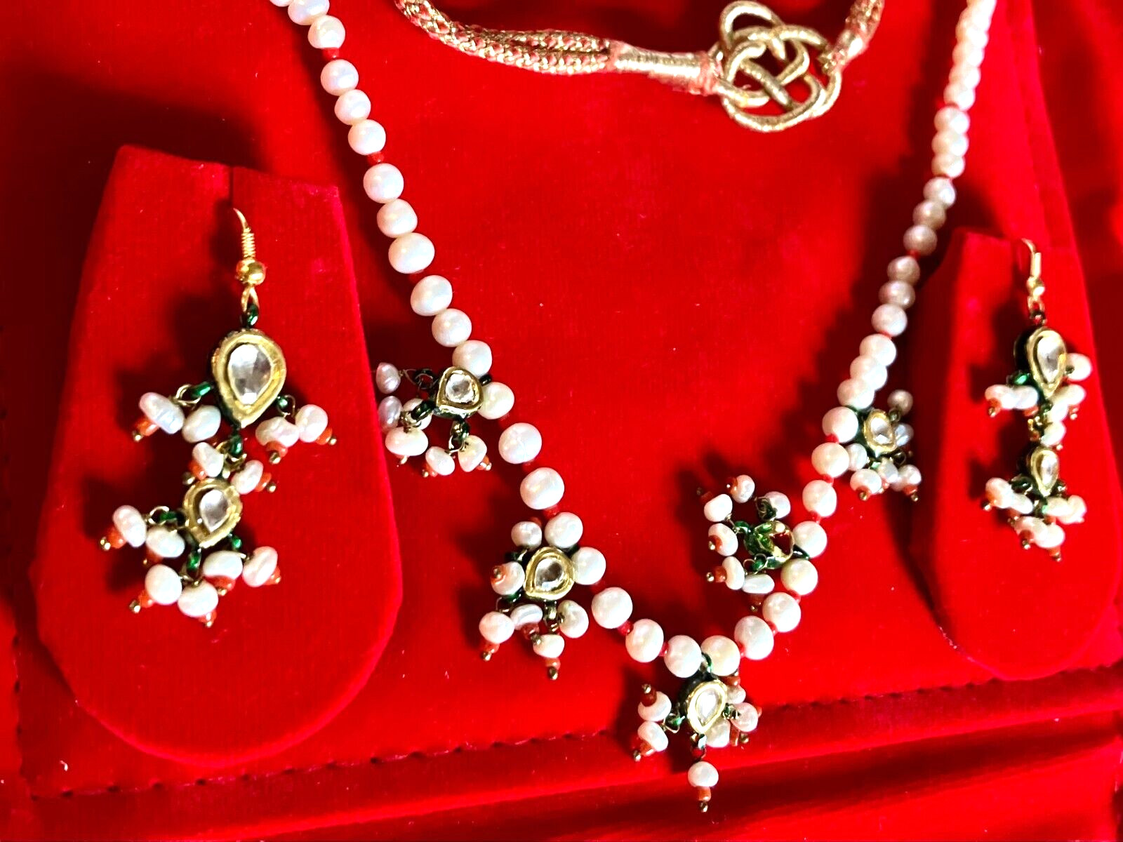 INDIAN INDIA ETHNIC HANDCRAFTED NECKLACE & EARRING SET Wedding Bridal RED VELVET