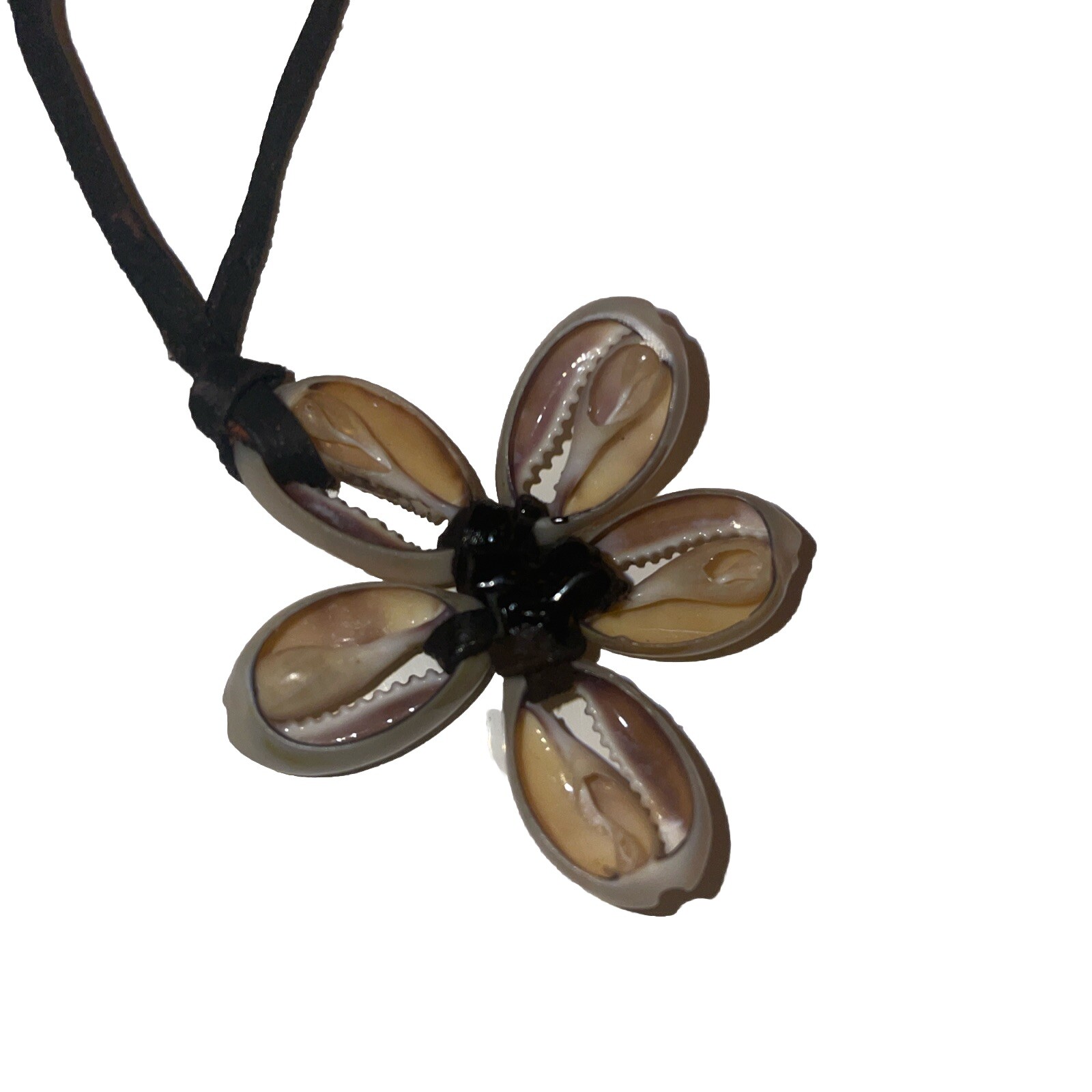 Cowrie Shell Flower Necklace on Leather w/clasp -Spiritual, BOHO Beach Hippie 9”