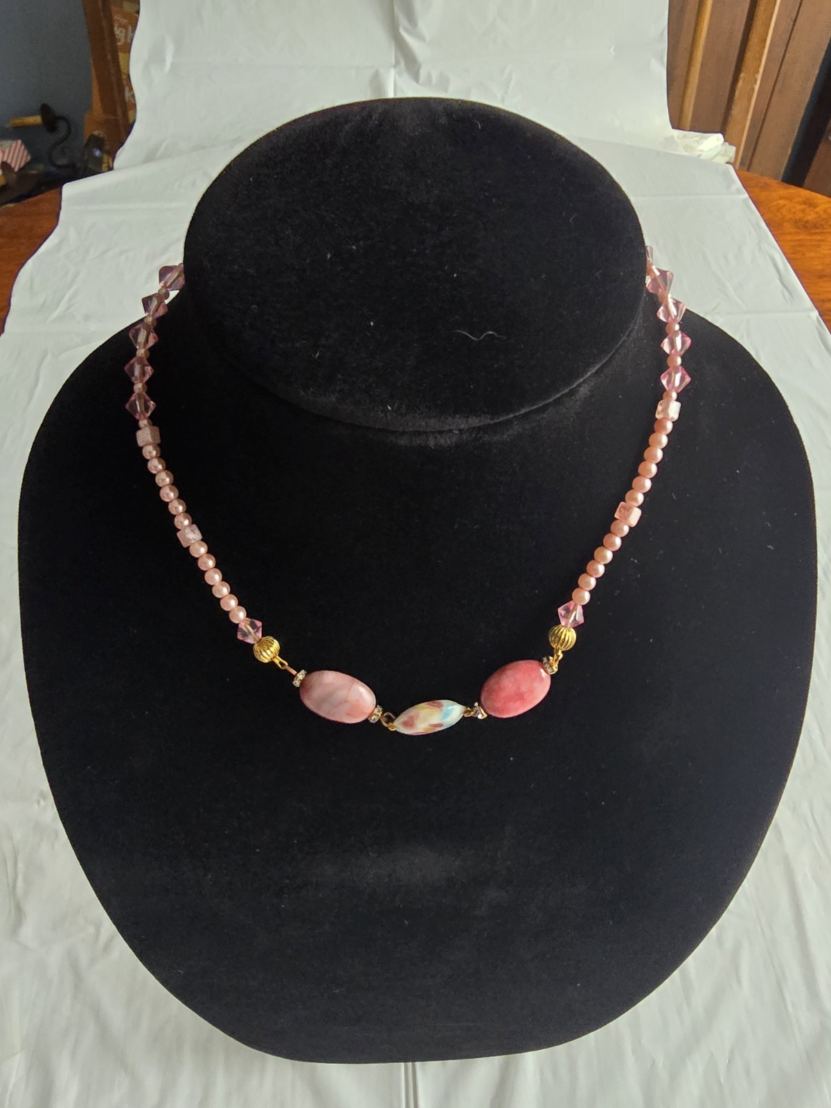 Pink & Blue Floral Beaded Necklace, 17 ½” Length / Handmade Costume Jewely